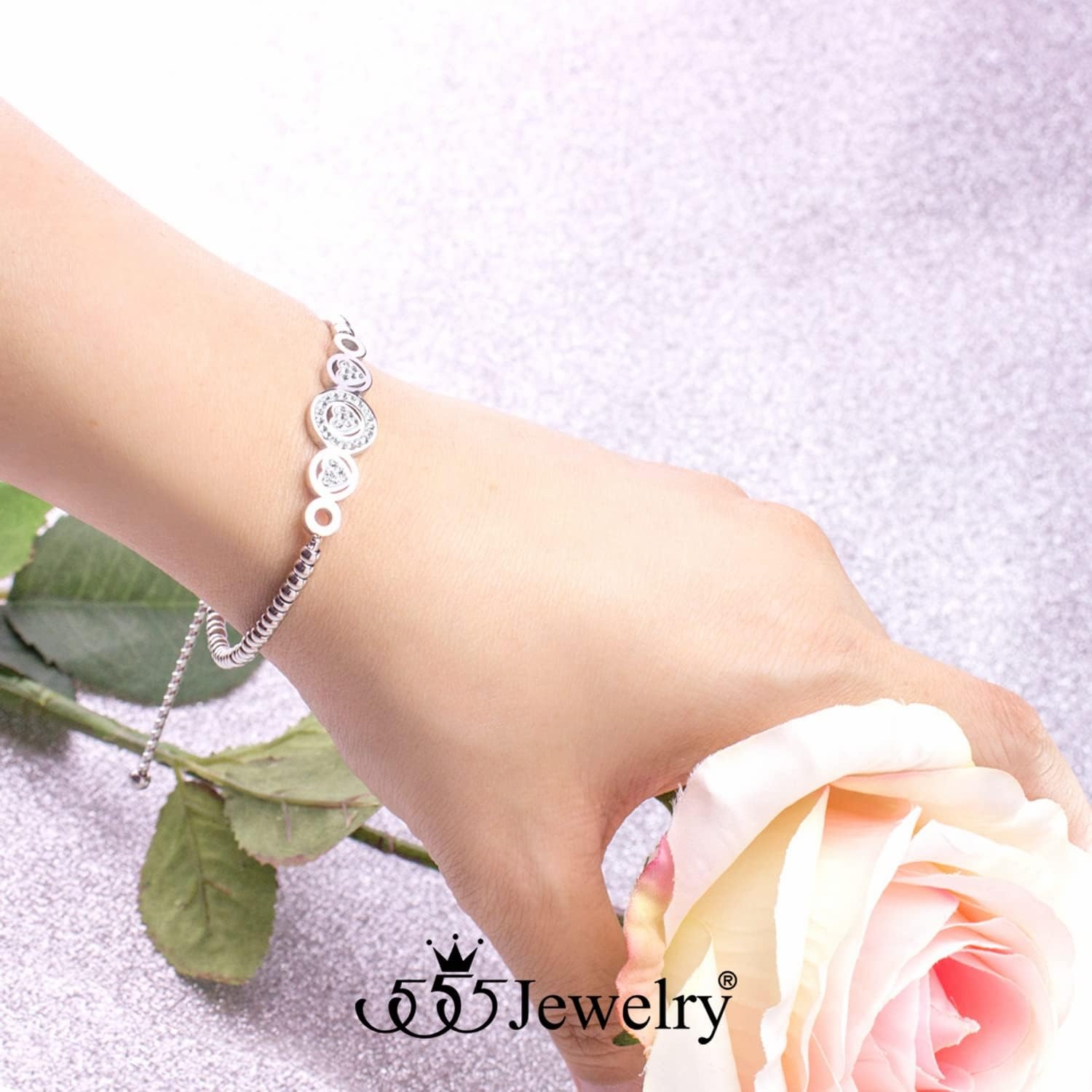 image:image555Jewelry Adjustable Slider Cuff CZ Hearts Bolo Bracelet for Women amp LadiesSilver