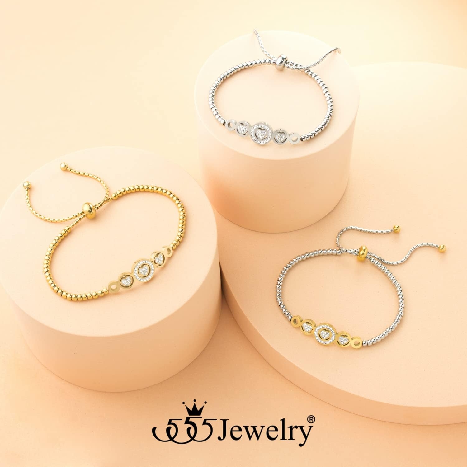 image:image555Jewelry Adjustable Slider Cuff CZ Hearts Bolo Bracelet for Women amp LadiesSilver