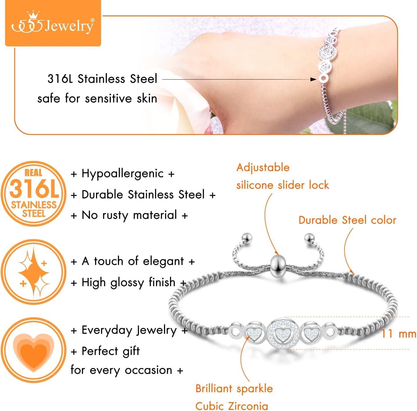 image:image555Jewelry Adjustable Slider Cuff CZ Hearts Bolo Bracelet for Women amp LadiesSilver