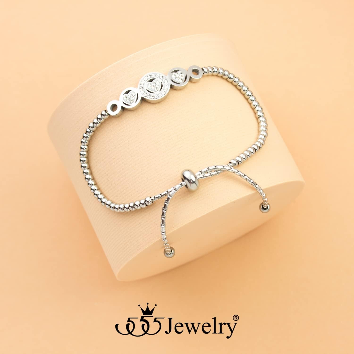 image:image555Jewelry Adjustable Slider Cuff CZ Hearts Bolo Bracelet for Women amp LadiesSilver