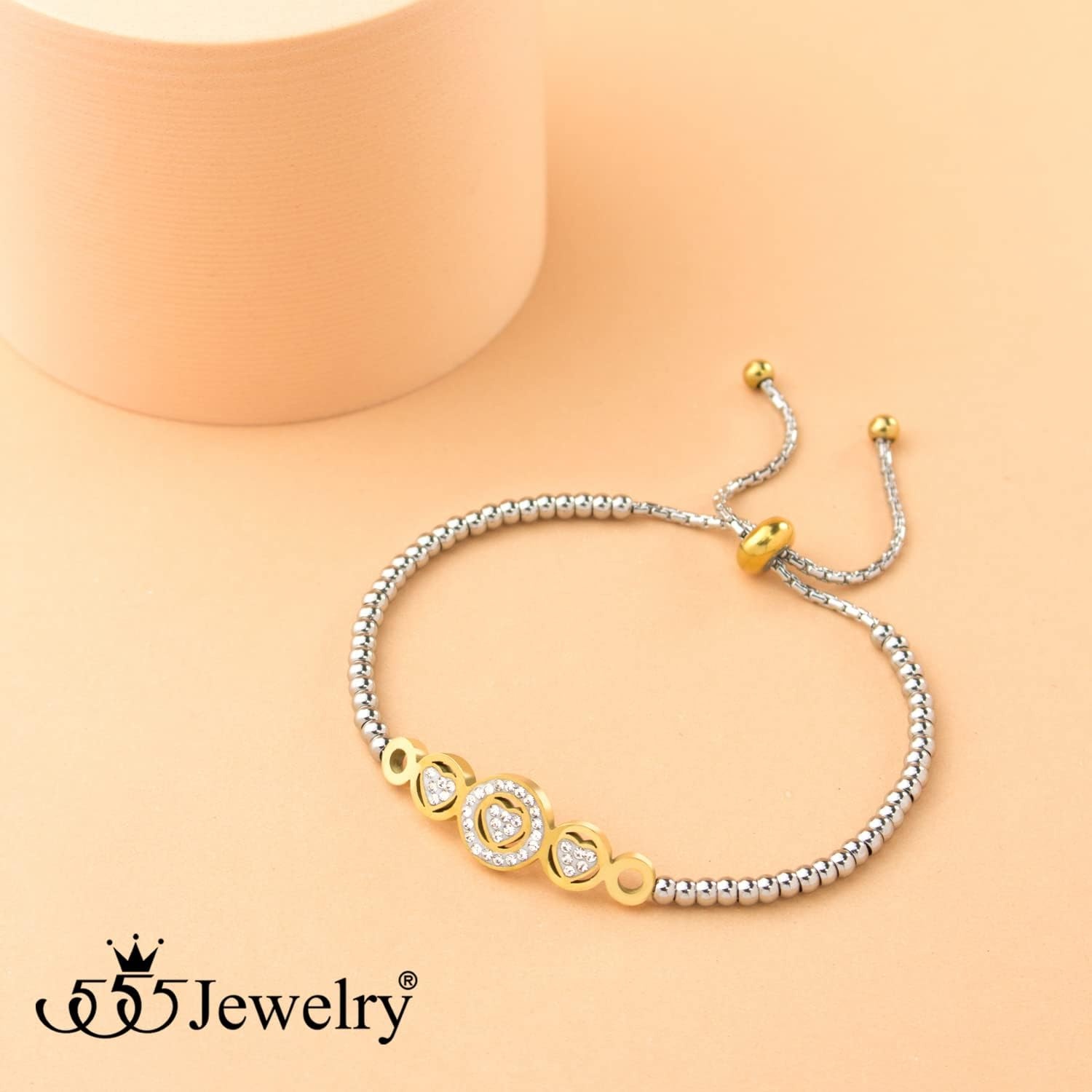 image:image555Jewelry Adjustable Slider Cuff CZ Hearts Bolo Bracelet for Women amp LadiesSilverGold