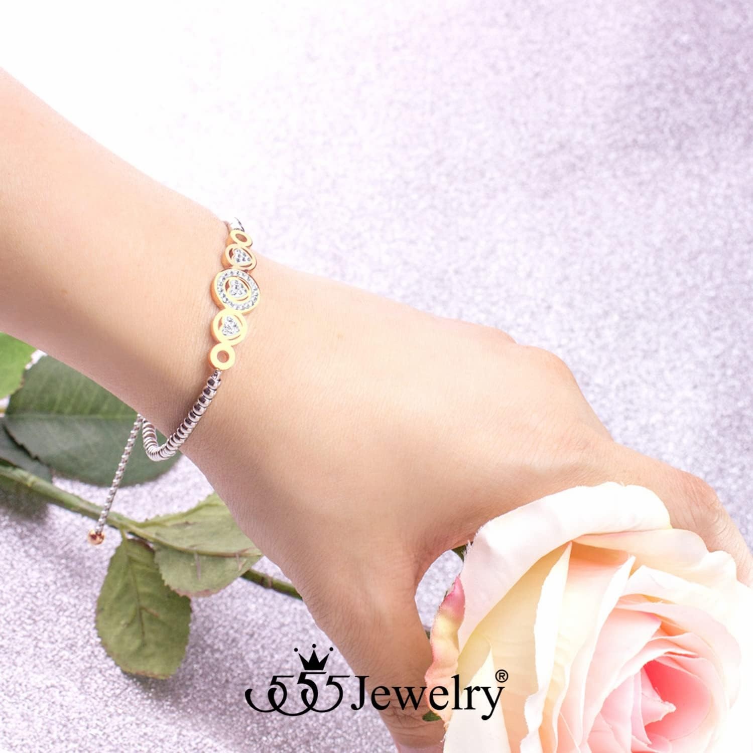 image:image555Jewelry Adjustable Slider Cuff CZ Hearts Bolo Bracelet for Women amp LadiesSilverGold