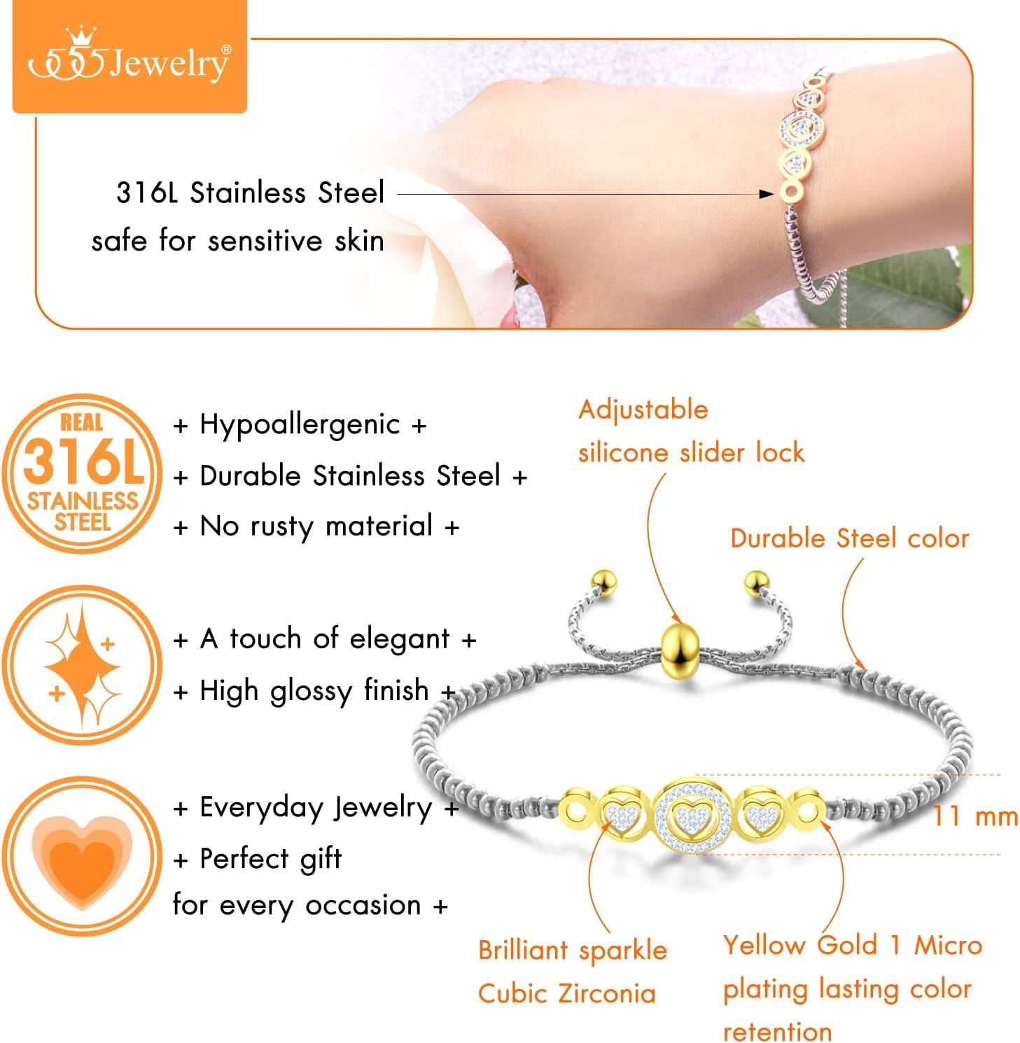 image:image555Jewelry Adjustable Slider Cuff CZ Hearts Bolo Bracelet for Women amp LadiesSilverGold