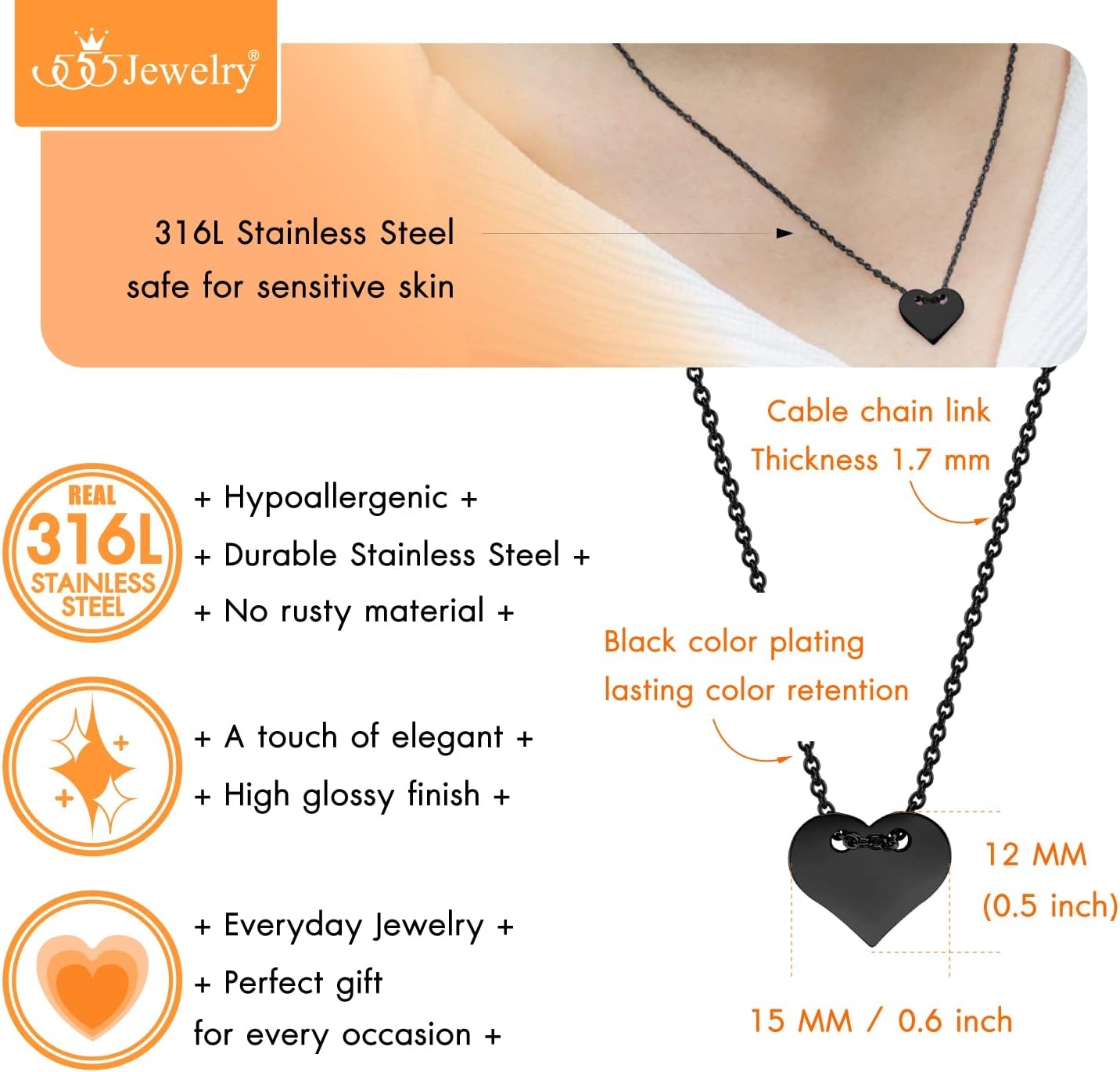 image:image555Jewelry Dainty Stainless Steel Sliding Heart Necklace for Women amp LadiesBlack