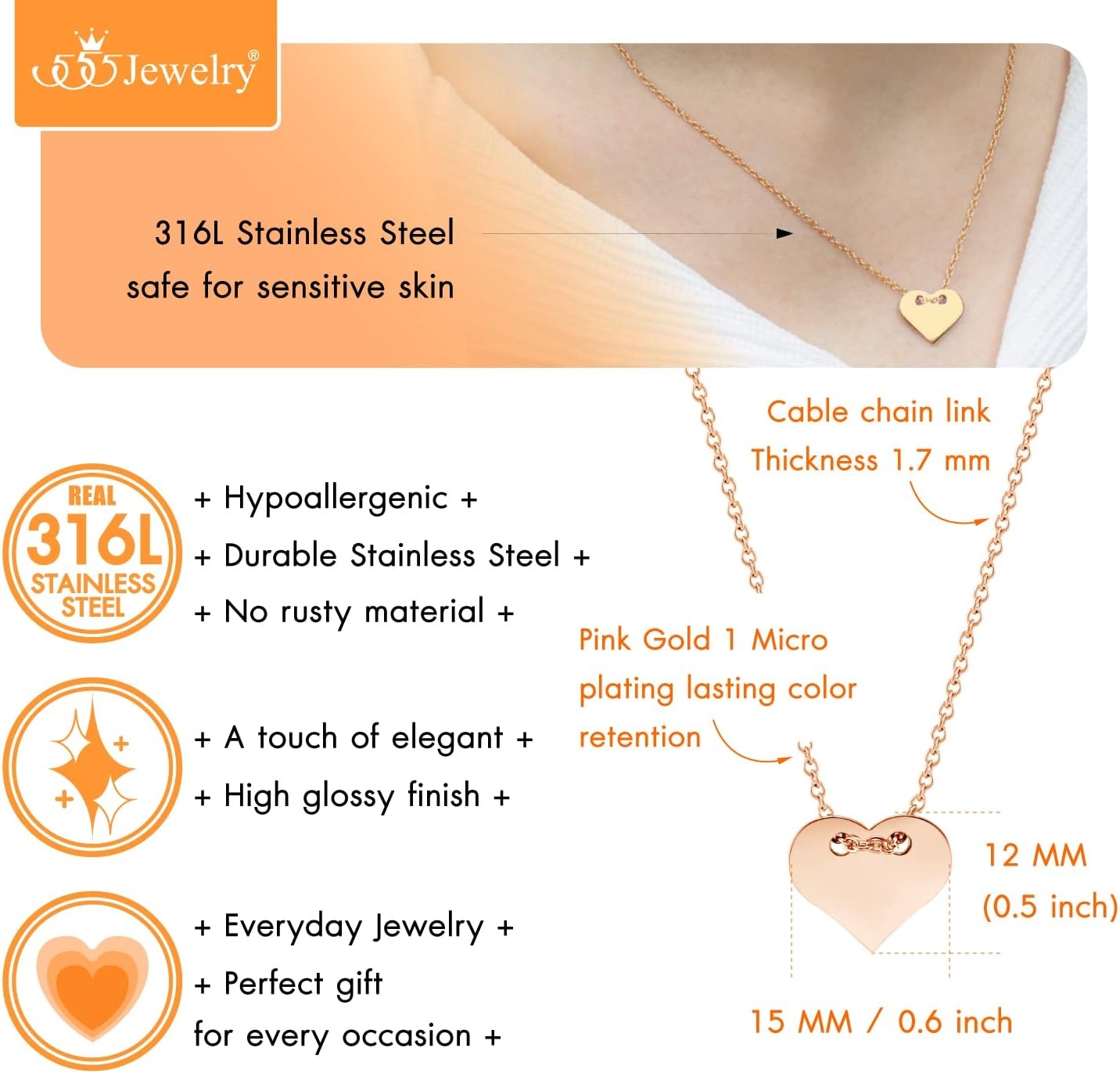 image:image555Jewelry Dainty Stainless Steel Sliding Heart Necklace for Women amp LadiesRose Gold