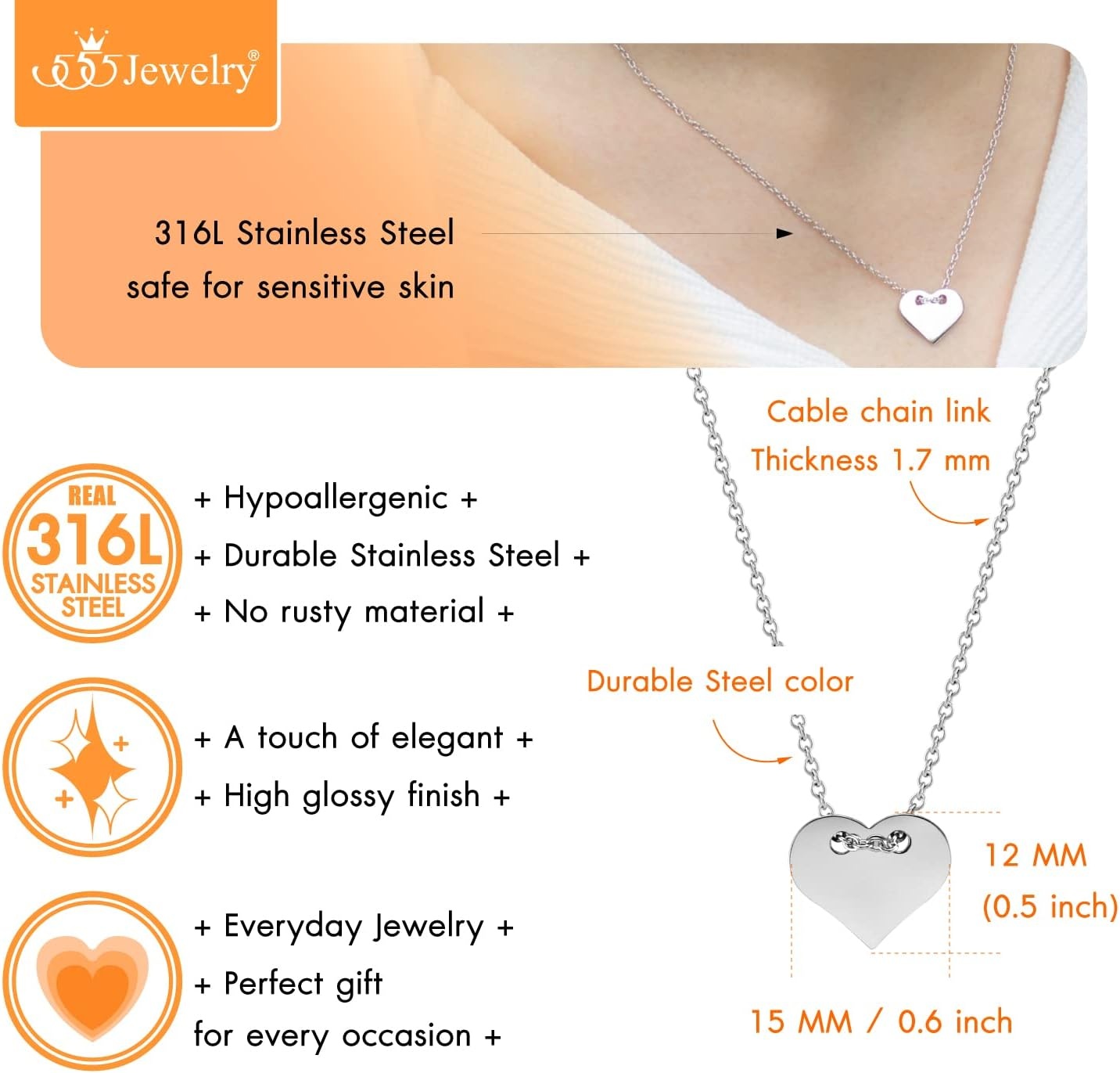 image:image555Jewelry Dainty Stainless Steel Sliding Heart Necklace for Women amp LadiesSilver