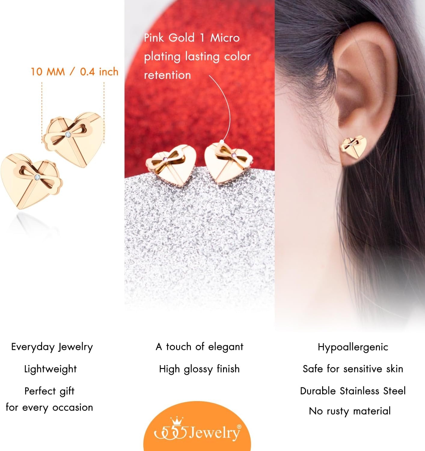 image:image555Jewelry Delicate Small Heart amp bowknot Stud Earrings for Women amp LadiesRose Gold