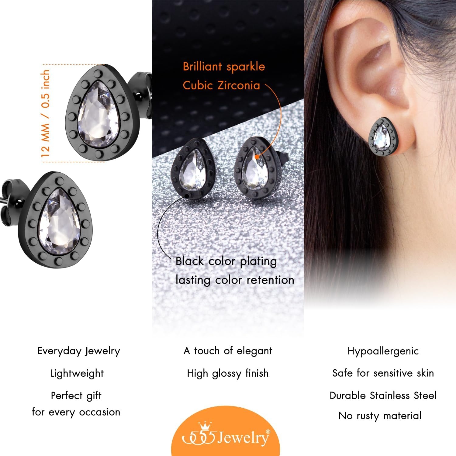 image:image555Jewelry Hypoallergenic Stainless Steel Sparkly CZ Teardrop Bridal Stud Earrings for WomenBlack