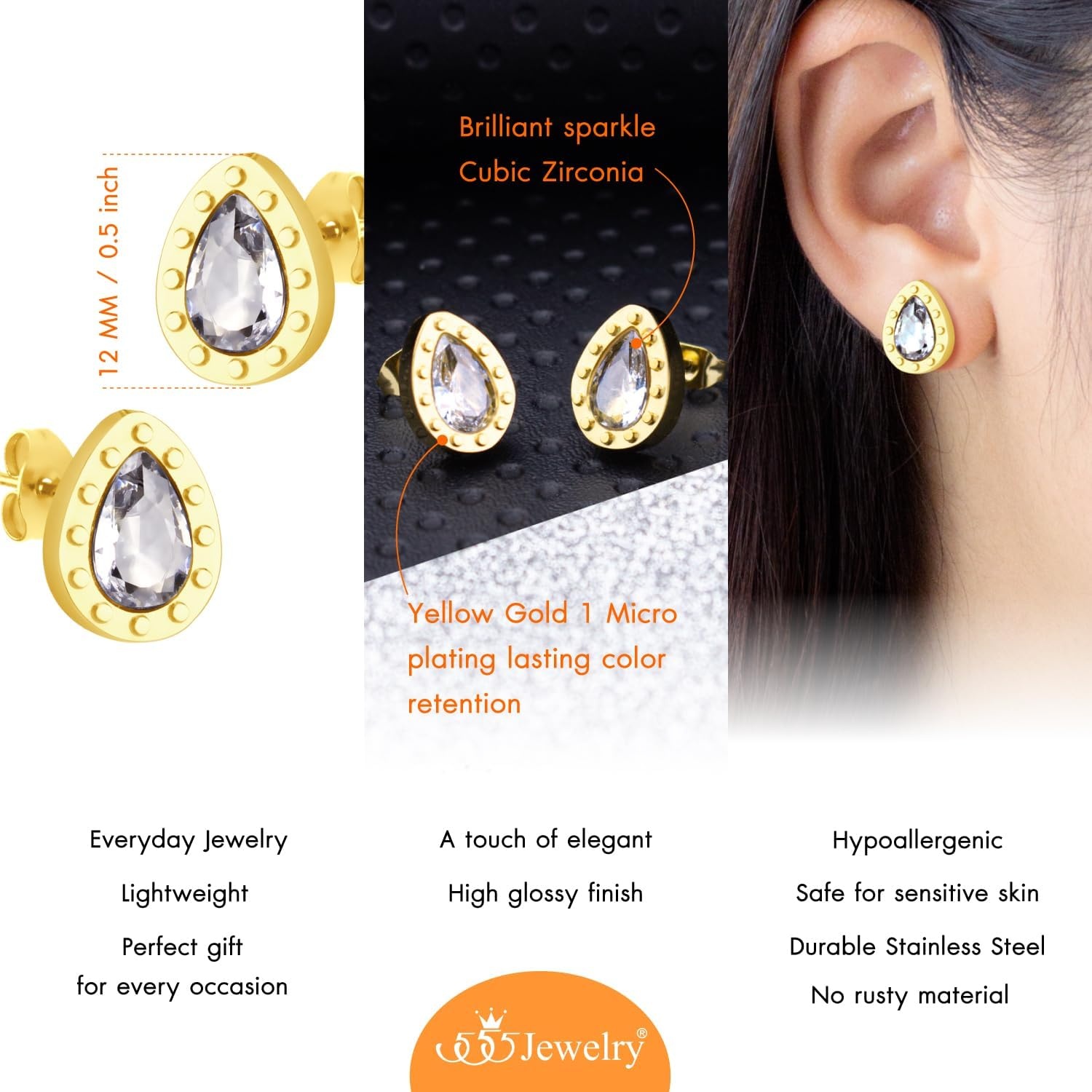 image:image555Jewelry Hypoallergenic Stainless Steel Sparkly CZ Teardrop Bridal Stud Earrings for WomenGold