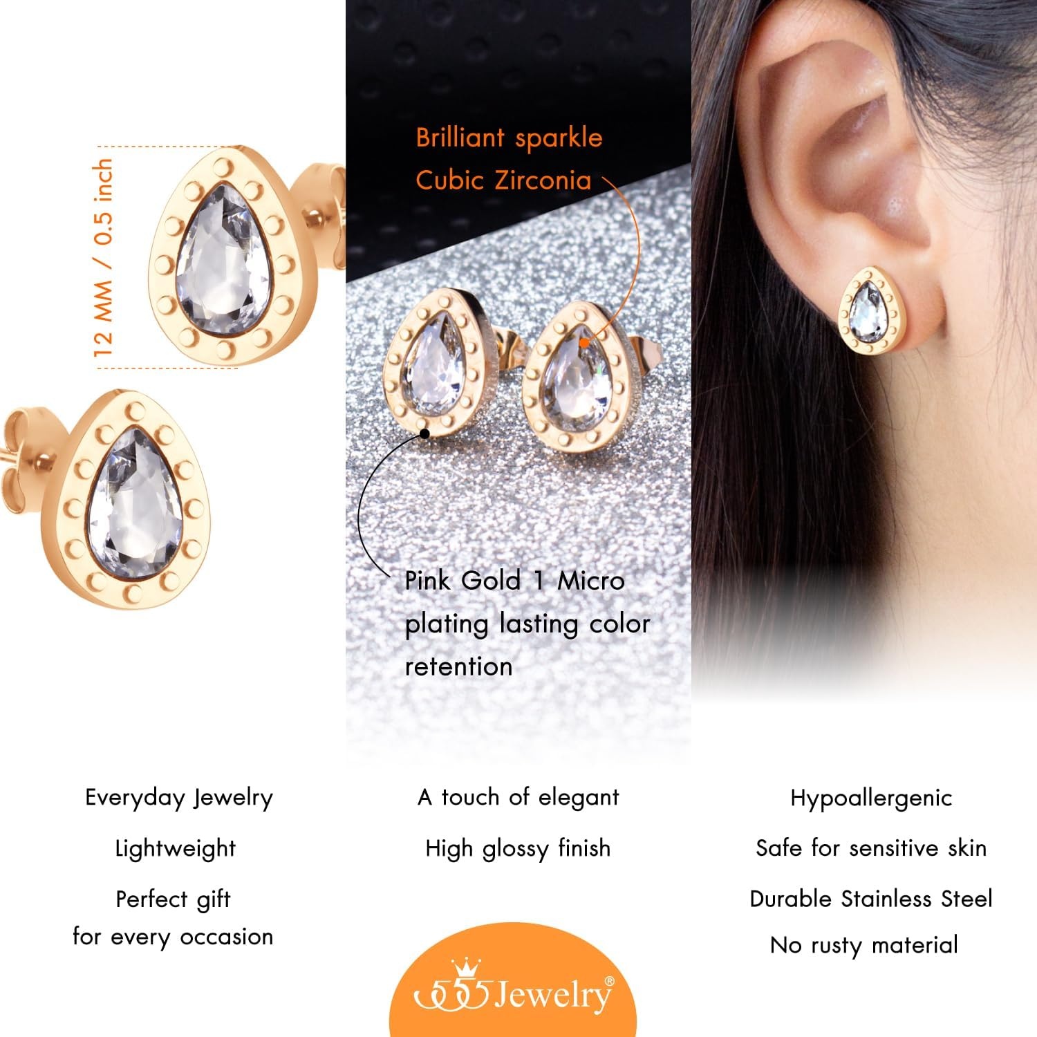 image:image555Jewelry Hypoallergenic Stainless Steel Sparkly CZ Teardrop Bridal Stud Earrings for WomenRose Gold
