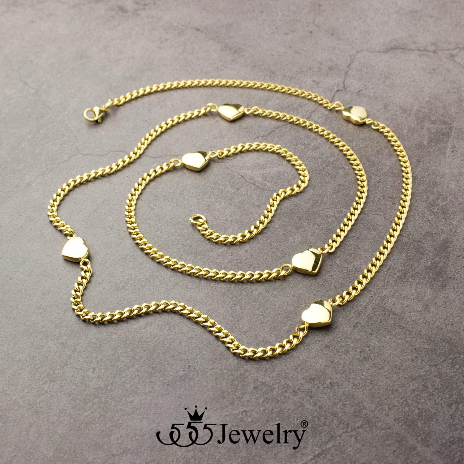 image:image555Jewelry Long Stainless Steel Stationed Hearts Curb Link Chain Necklace for WomenGold