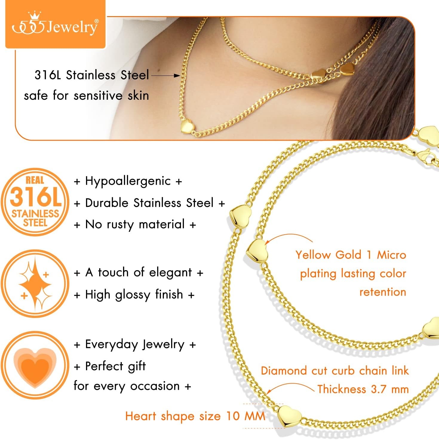 image:image555Jewelry Long Stainless Steel Stationed Hearts Curb Link Chain Necklace for WomenGold