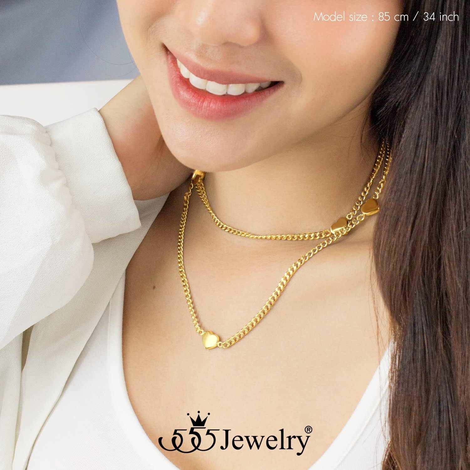 image:image555Jewelry Long Stainless Steel Stationed Hearts Curb Link Chain Necklace for WomenGold