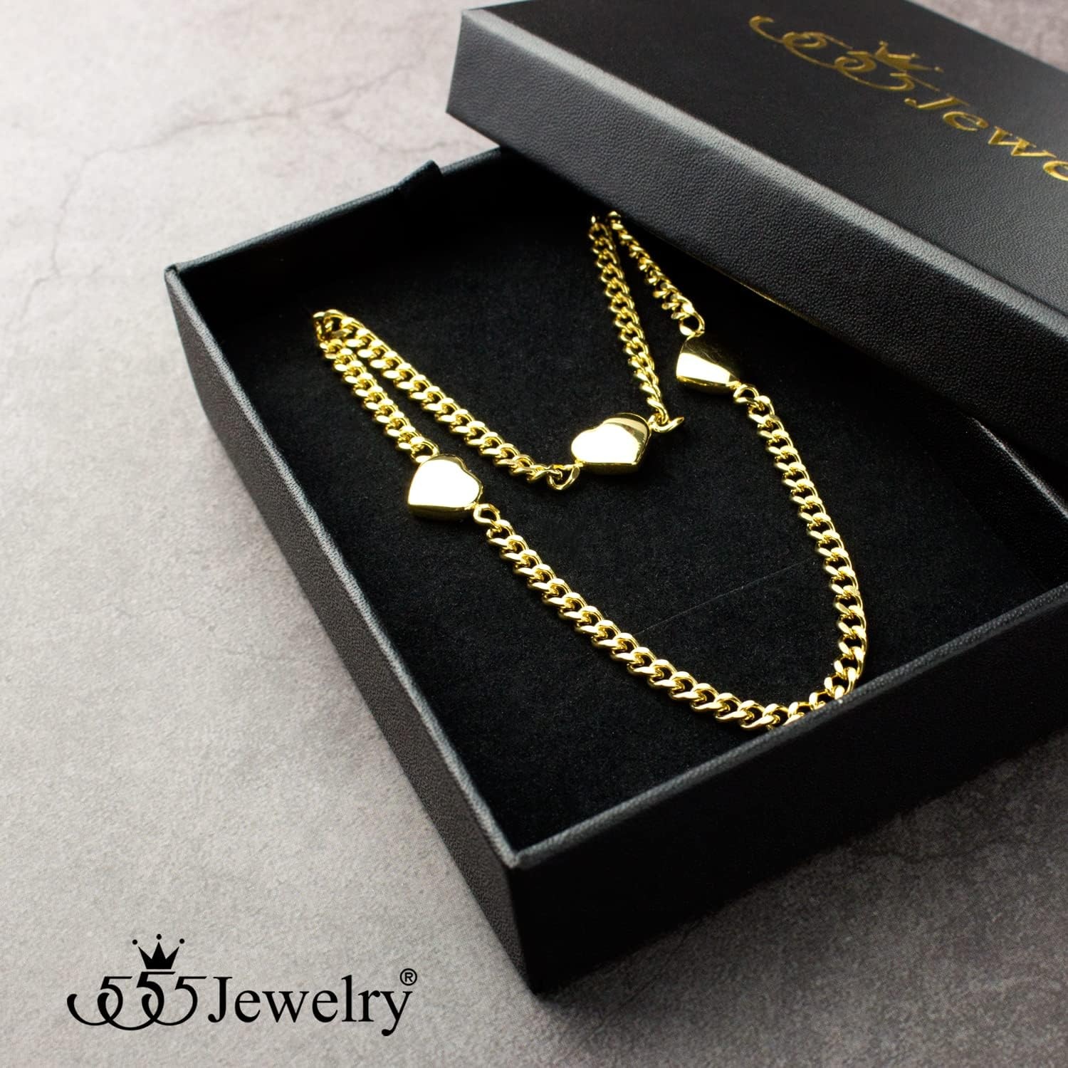 image:image555Jewelry Long Stainless Steel Stationed Hearts Curb Link Chain Necklace for WomenGold