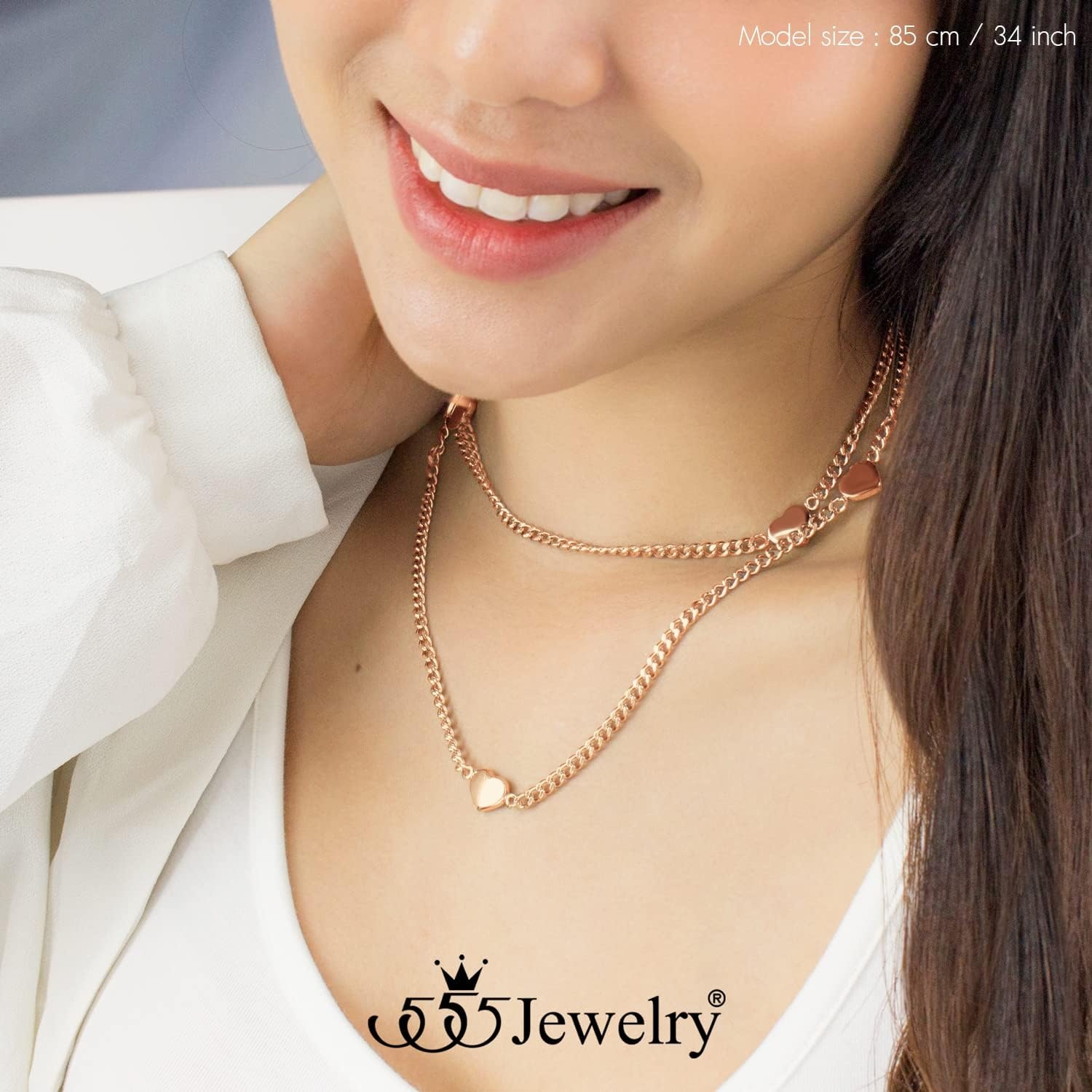image:image555Jewelry Long Stainless Steel Stationed Hearts Curb Link Chain Necklace for WomenRose Gold