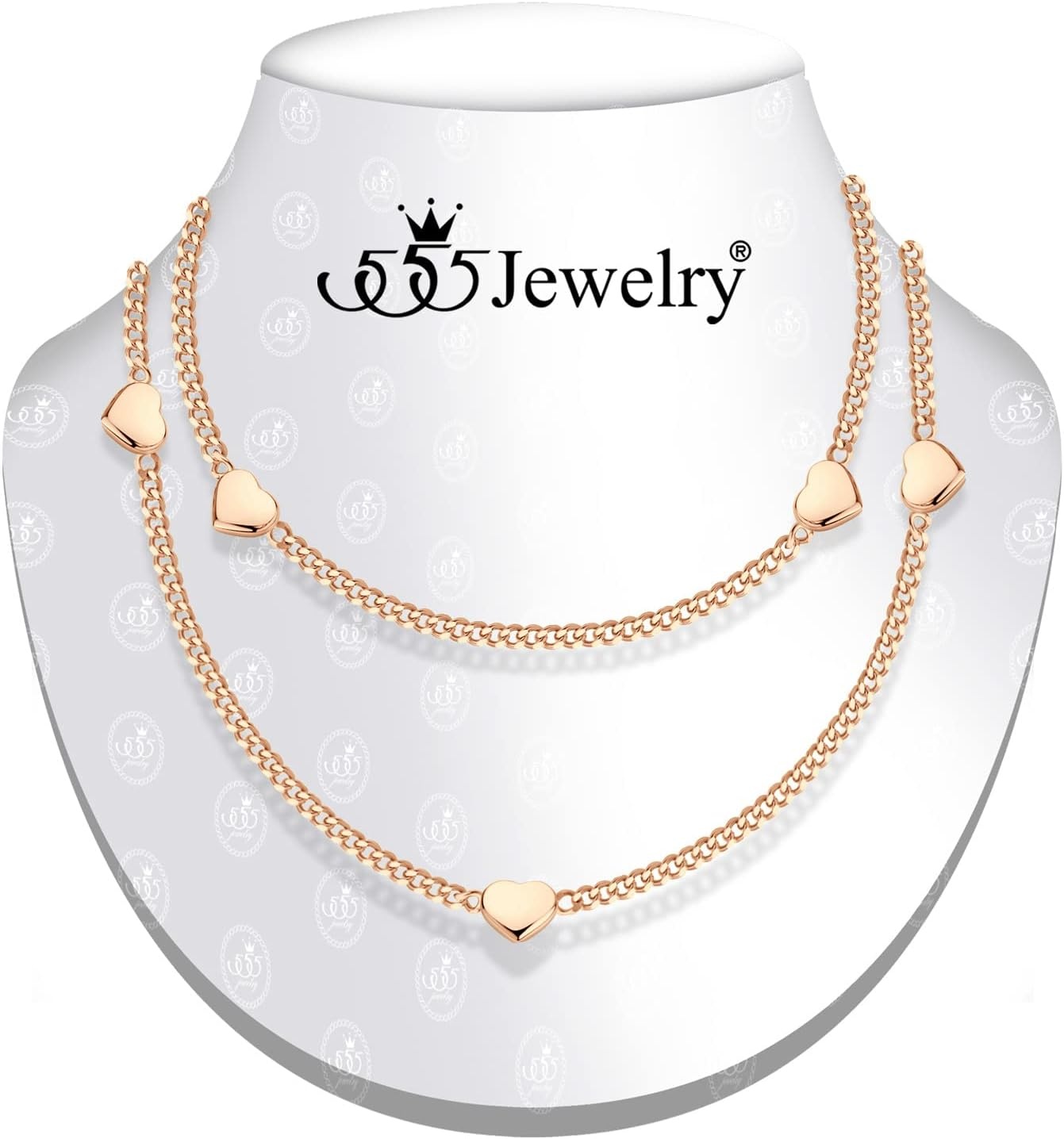 image:image555Jewelry Long Stainless Steel Stationed Hearts Curb Link Chain Necklace for WomenRose Gold