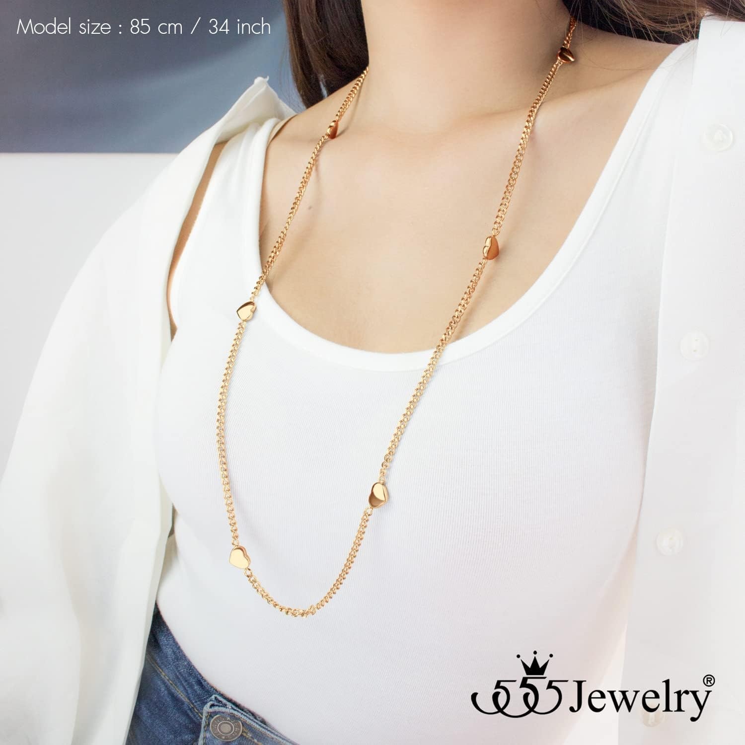 image:image555Jewelry Long Stainless Steel Stationed Hearts Curb Link Chain Necklace for WomenRose Gold