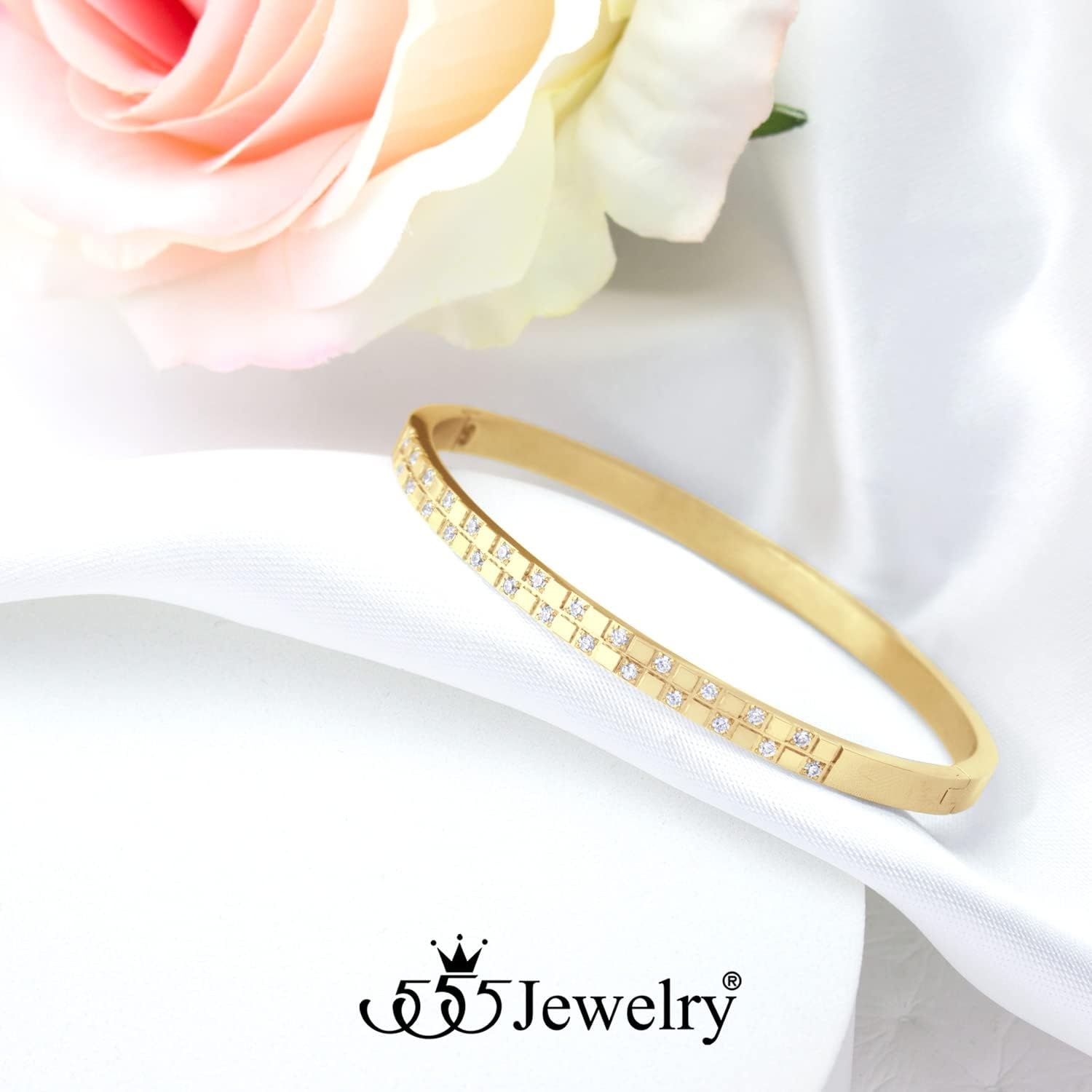 image:image555Jewelry Luxury CZ Stainless Steel Hinged Cuff Bangle Bracelet for WomenGold