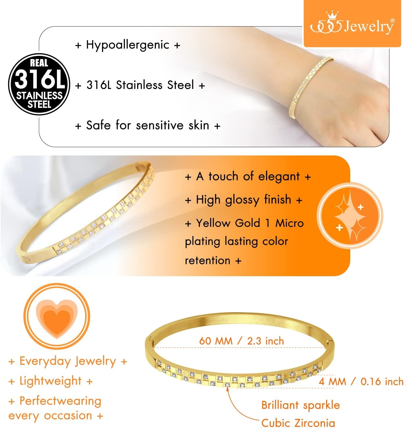 image:image555Jewelry Luxury CZ Stainless Steel Hinged Cuff Bangle Bracelet for WomenGold
