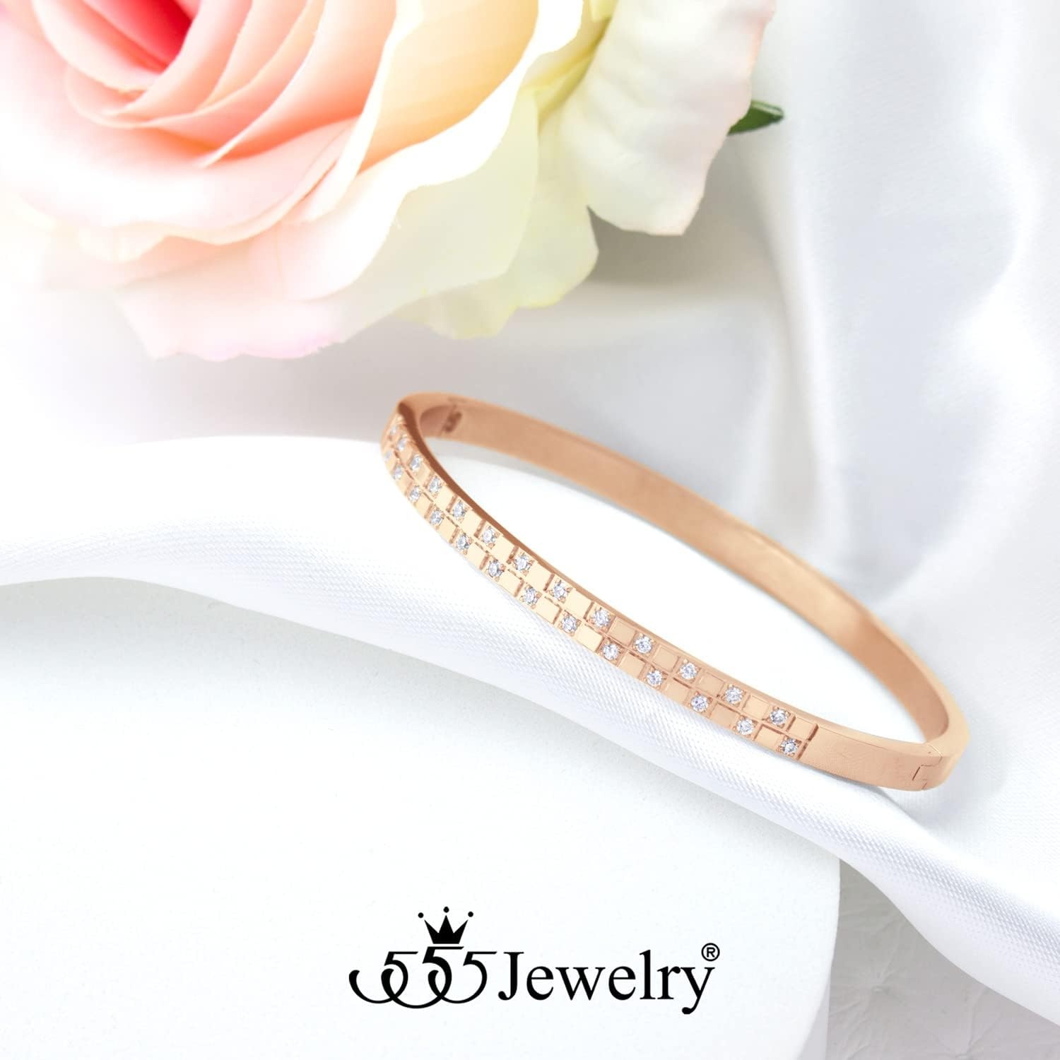 image:image555Jewelry Luxury CZ Stainless Steel Hinged Cuff Bangle Bracelet for WomenRose Gold