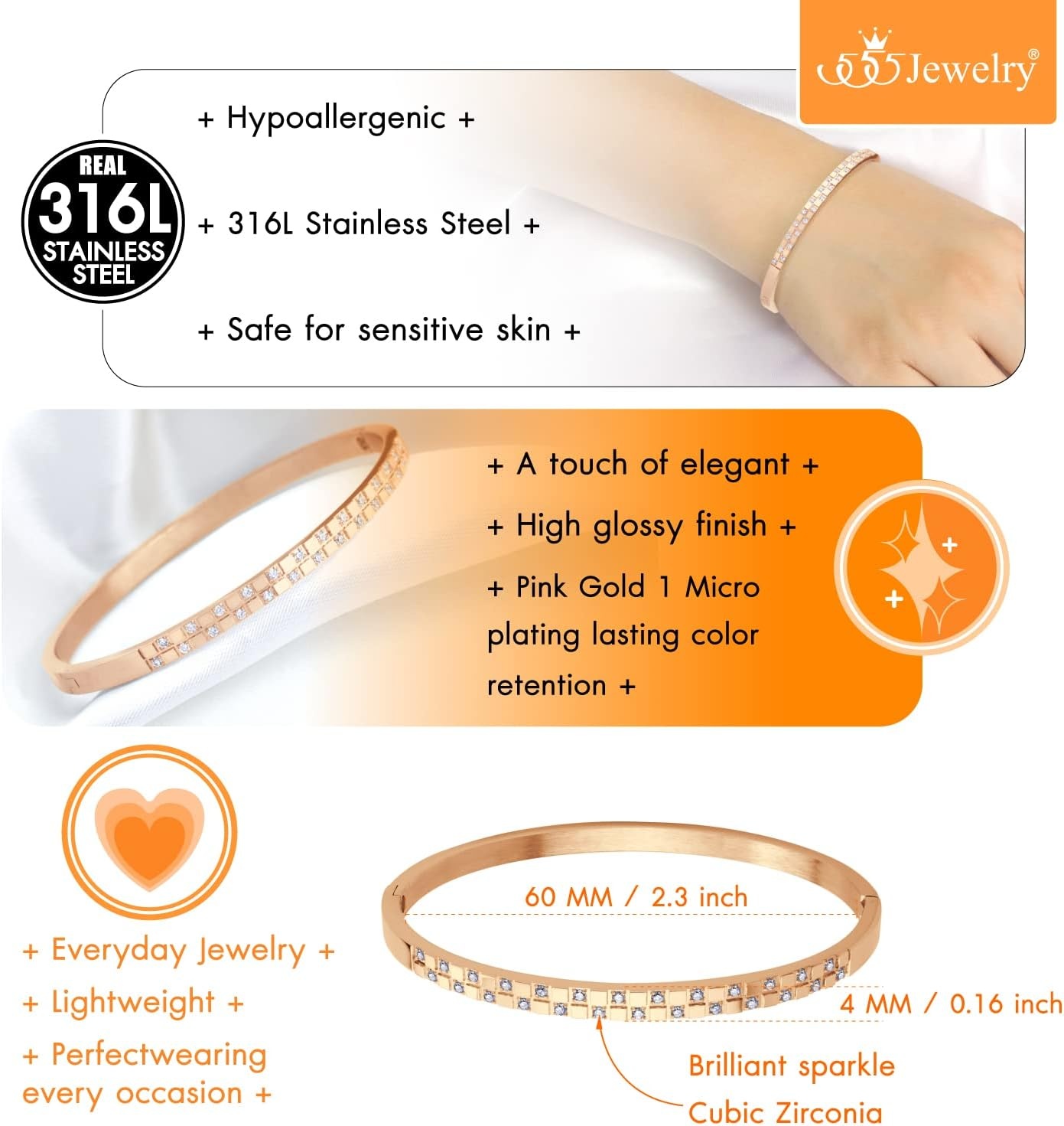 image:image555Jewelry Luxury CZ Stainless Steel Hinged Cuff Bangle Bracelet for WomenRose Gold