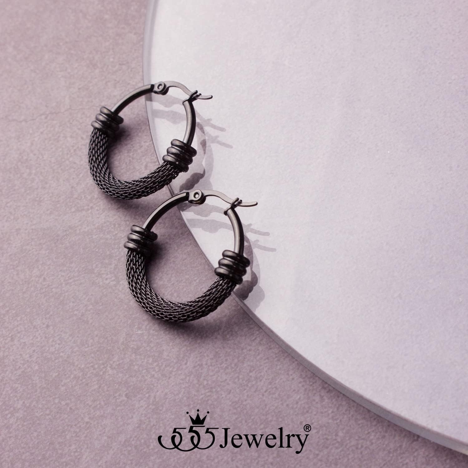 image:image555Jewelry Medium Braided Mesh Stainless Steel Round Hoop Earrings for Women Hypoallergenic Hoops EarringsBlack