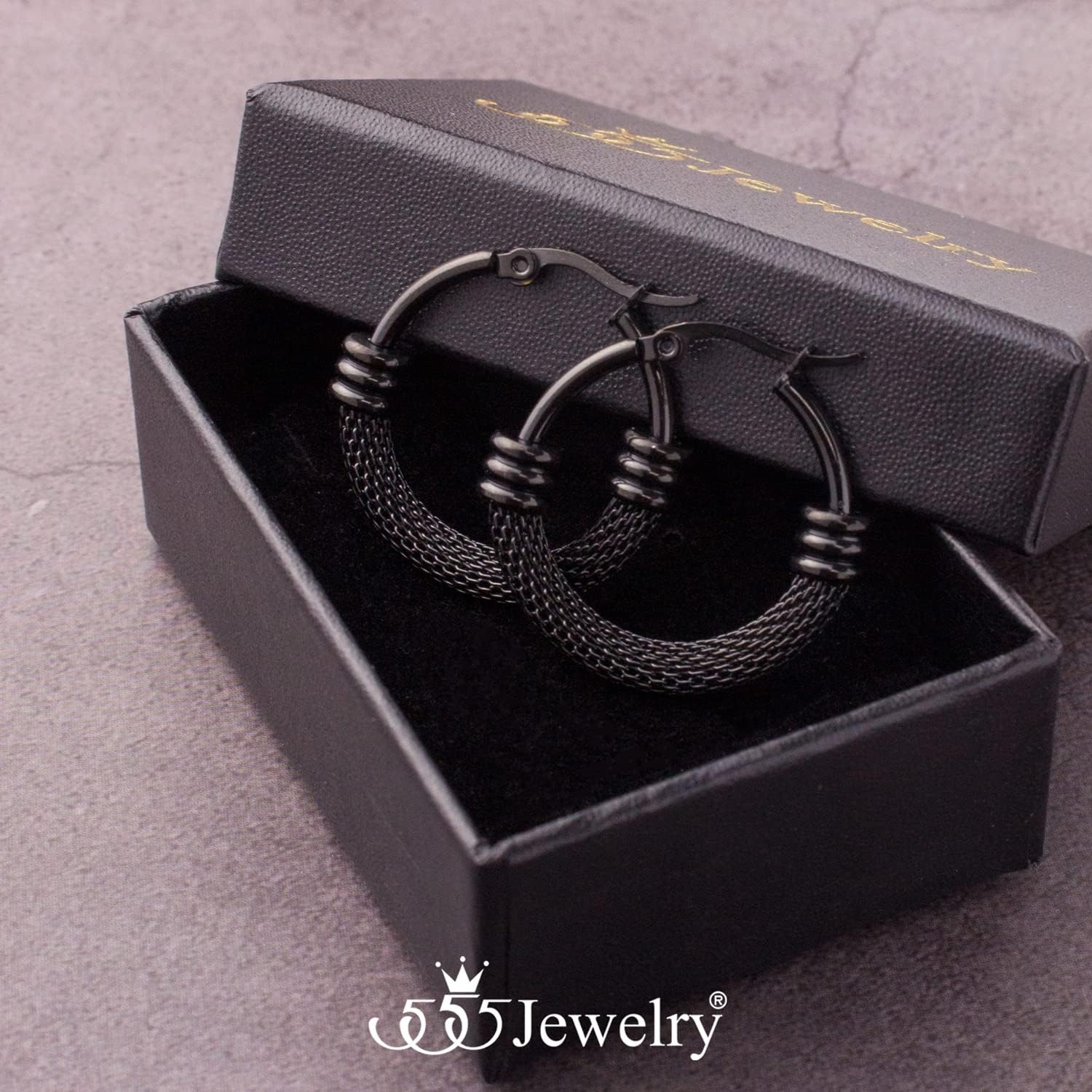 image:image555Jewelry Medium Braided Mesh Stainless Steel Round Hoop Earrings for Women Hypoallergenic Hoops EarringsBlack