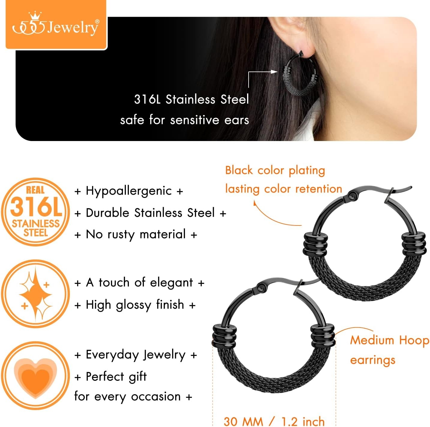 image:image555Jewelry Medium Braided Mesh Stainless Steel Round Hoop Earrings for Women Hypoallergenic Hoops EarringsBlack