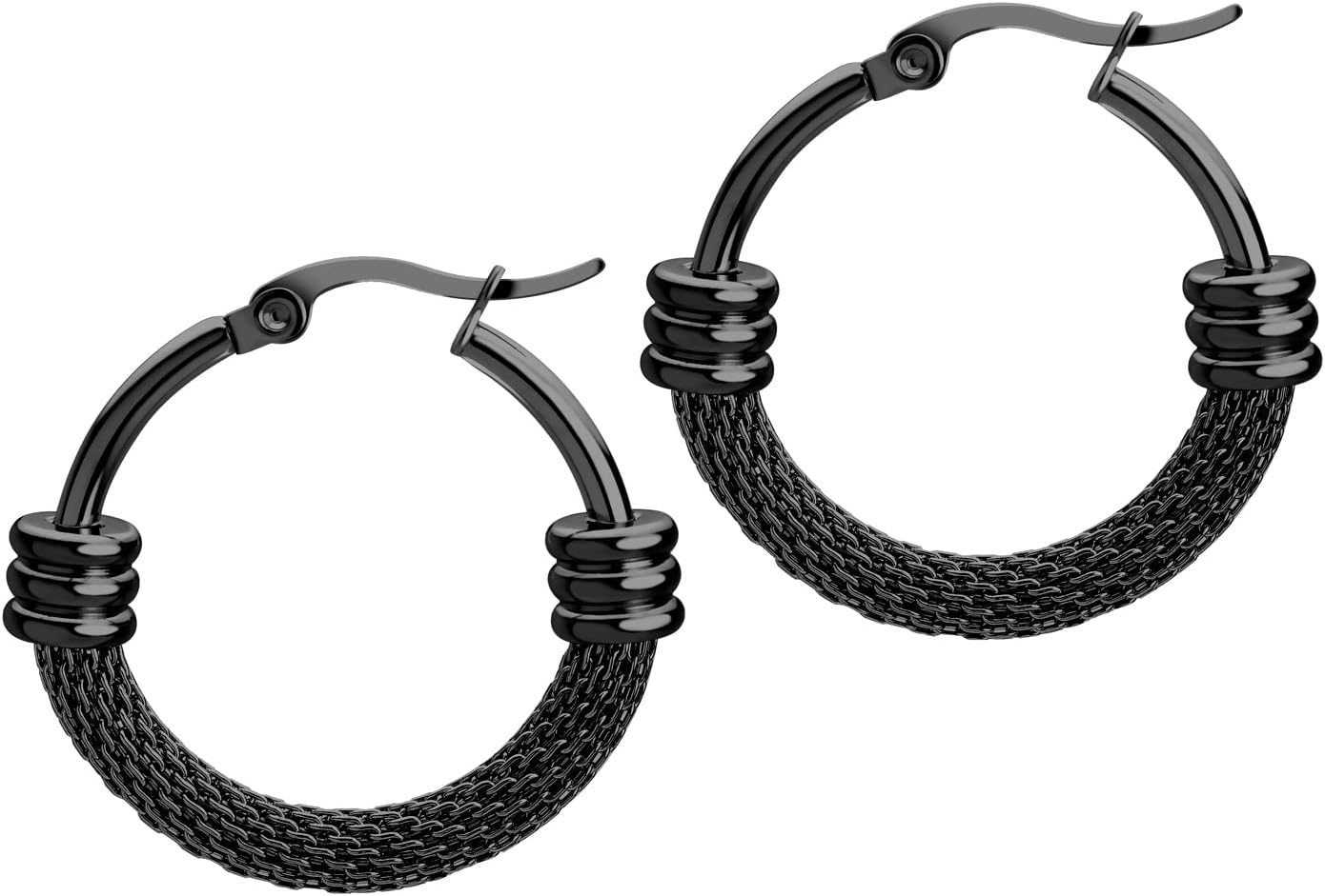 image:image555Jewelry Medium Braided Mesh Stainless Steel Round Hoop Earrings for Women Hypoallergenic Hoops EarringsBlack