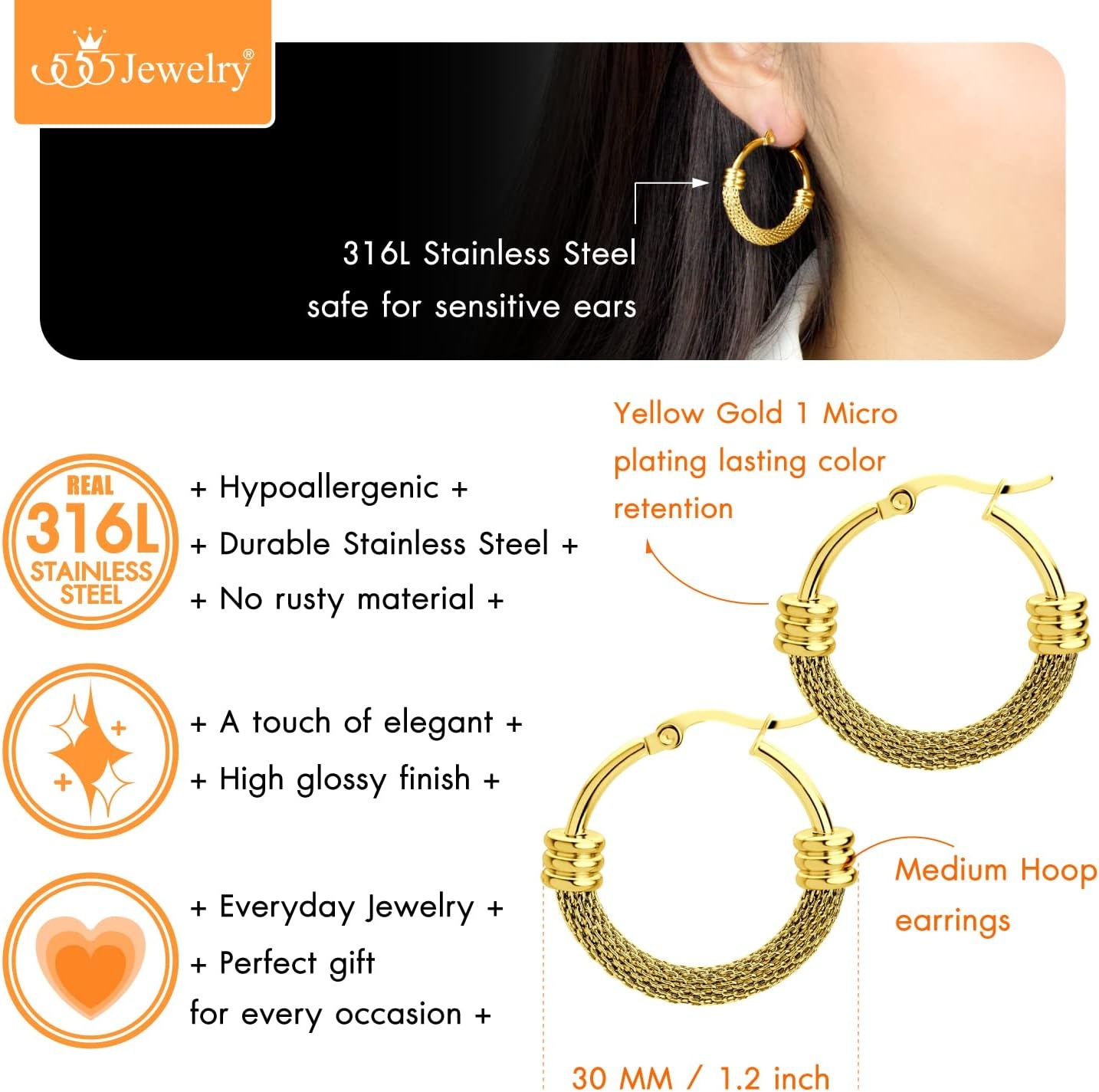 image:image555Jewelry Medium Braided Mesh Stainless Steel Round Hoop Earrings for Women Hypoallergenic Hoops EarringsGold