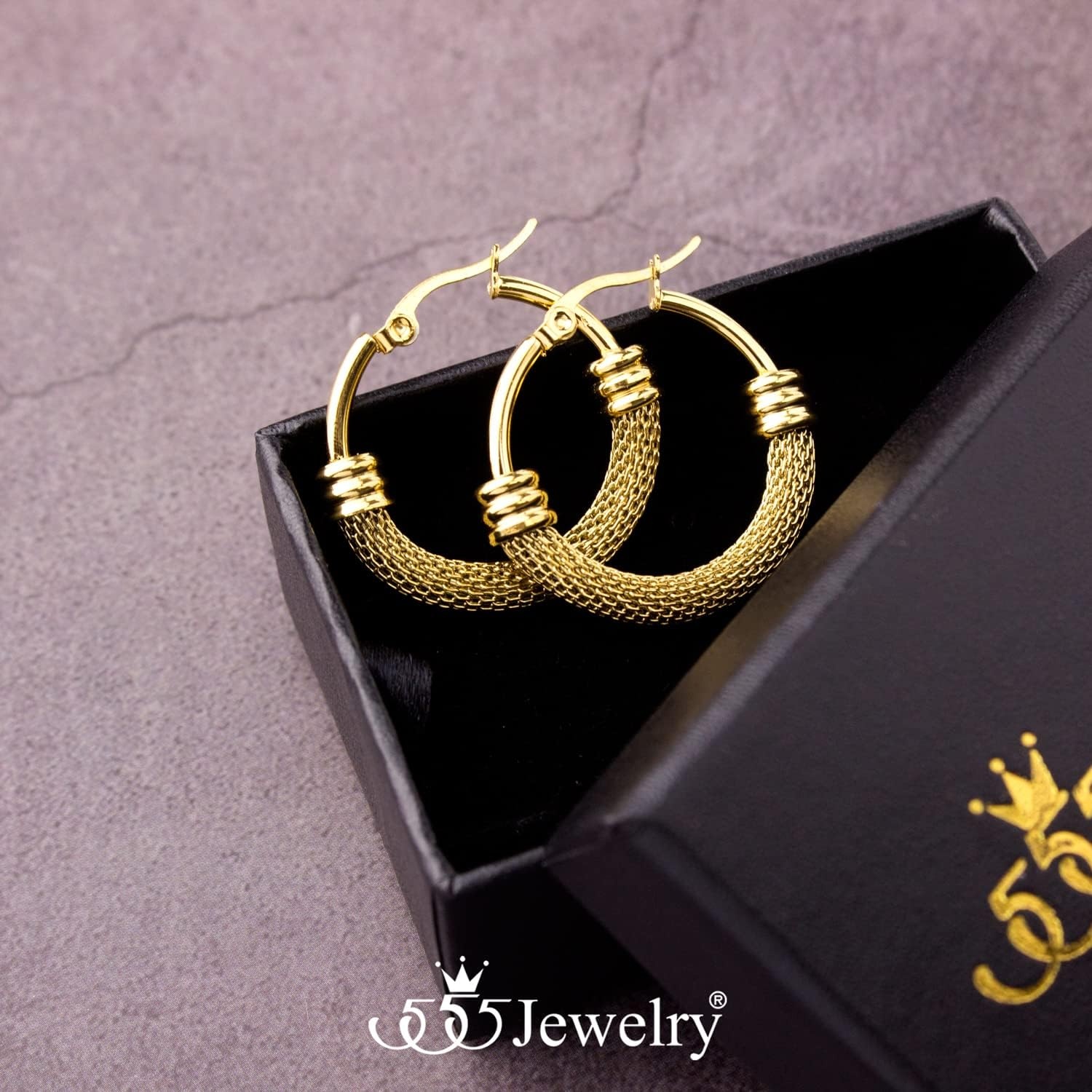 image:image555Jewelry Medium Braided Mesh Stainless Steel Round Hoop Earrings for Women Hypoallergenic Hoops EarringsGold