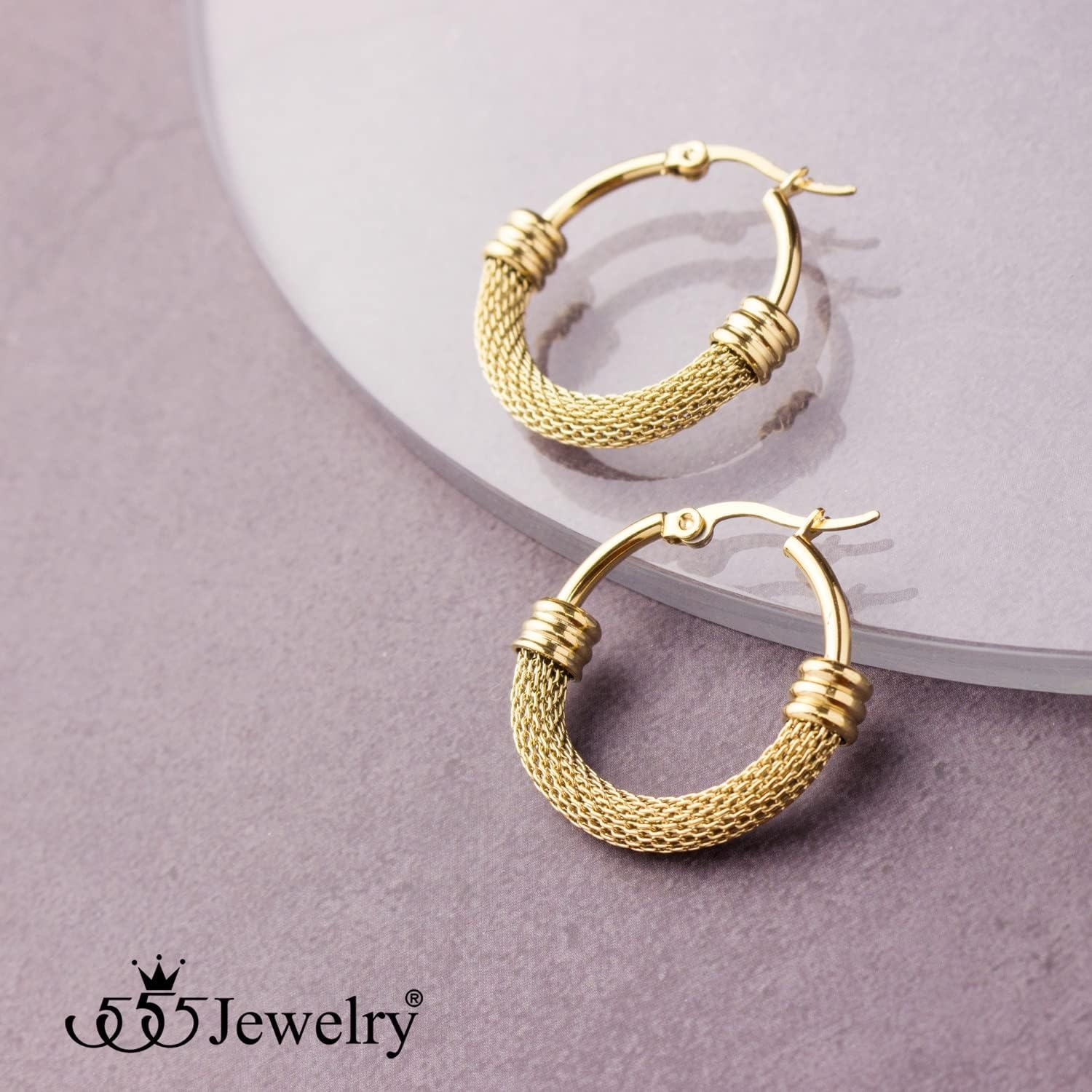 image:image555Jewelry Medium Braided Mesh Stainless Steel Round Hoop Earrings for Women Hypoallergenic Hoops EarringsGold