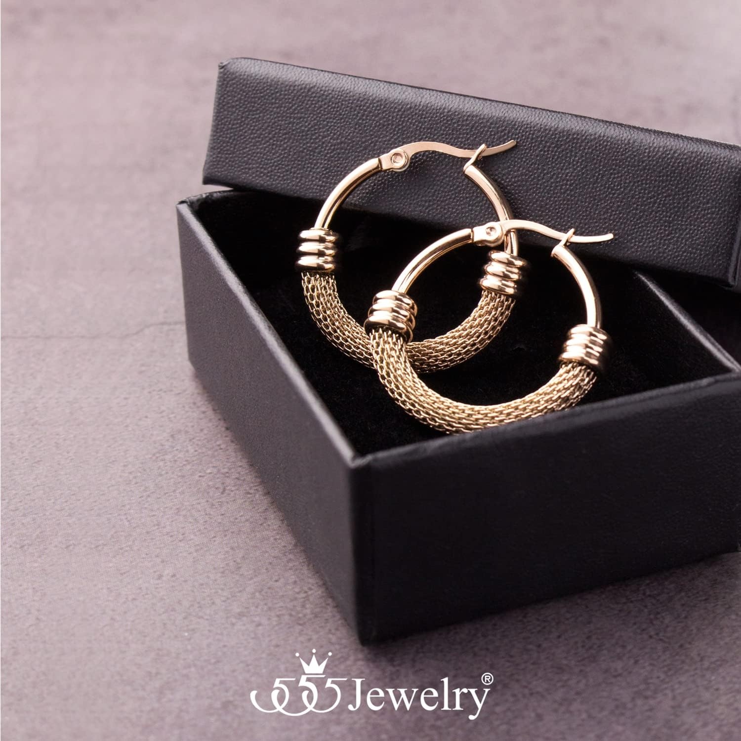 image:image555Jewelry Medium Braided Mesh Stainless Steel Round Hoop Earrings for Women Hypoallergenic Hoops EarringsRose Gold