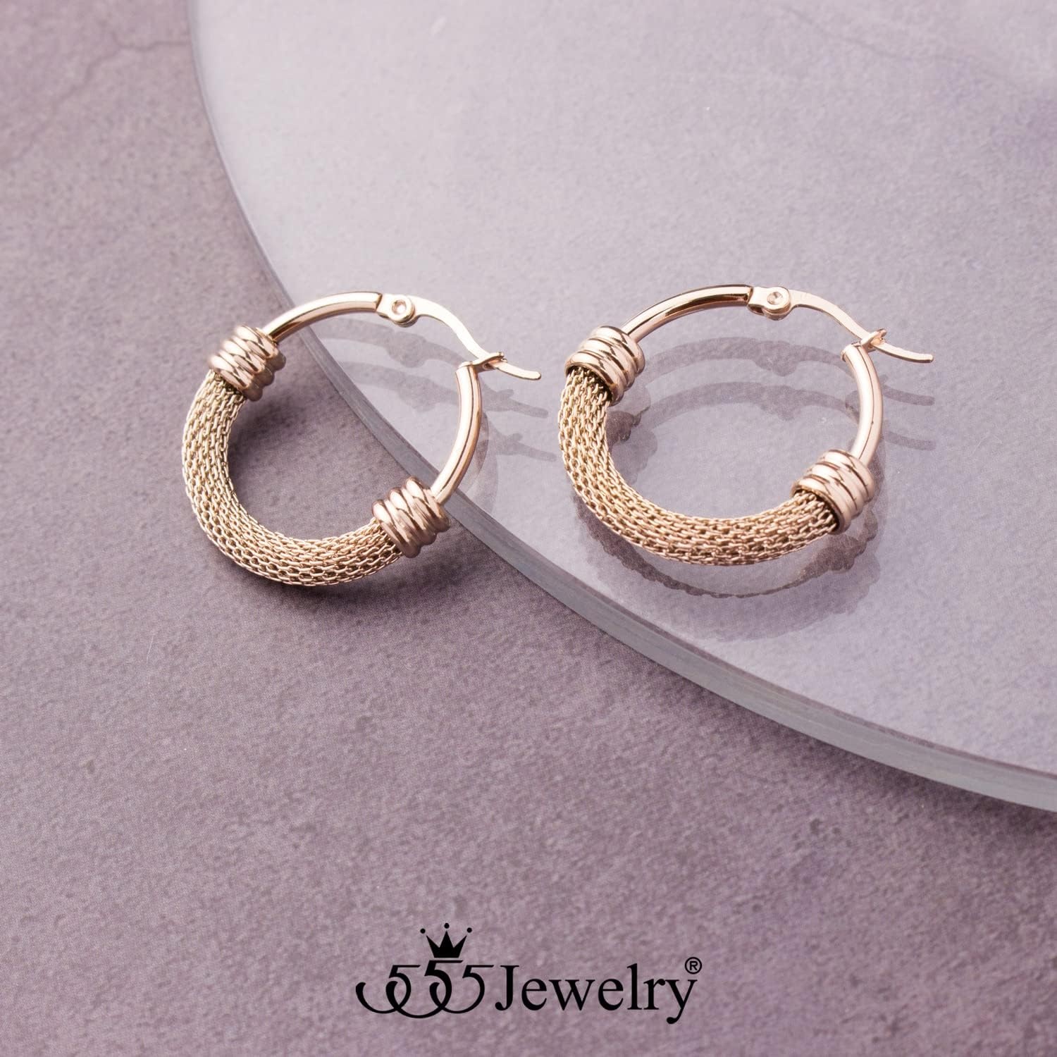 image:image555Jewelry Medium Braided Mesh Stainless Steel Round Hoop Earrings for Women Hypoallergenic Hoops EarringsRose Gold