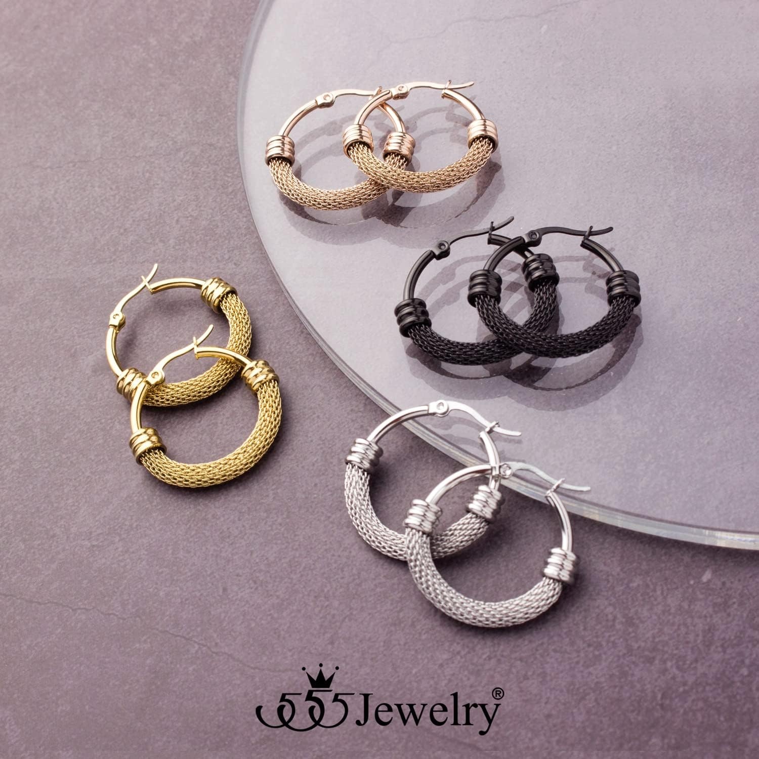 image:image555Jewelry Medium Braided Mesh Stainless Steel Round Hoop Earrings for Women Hypoallergenic Hoops EarringsRose Gold
