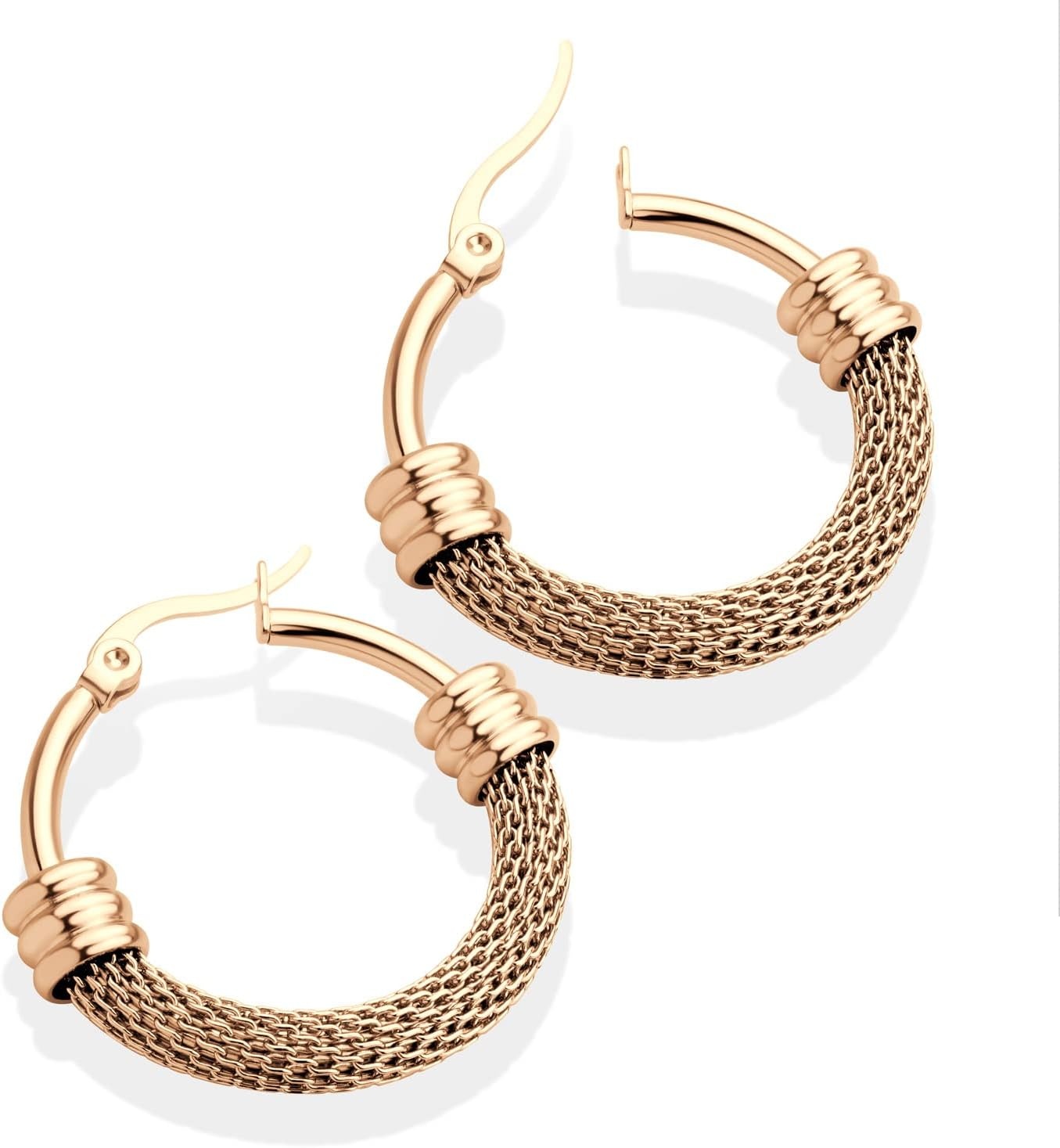 image:image555Jewelry Medium Braided Mesh Stainless Steel Round Hoop Earrings for Women Hypoallergenic Hoops EarringsRose Gold
