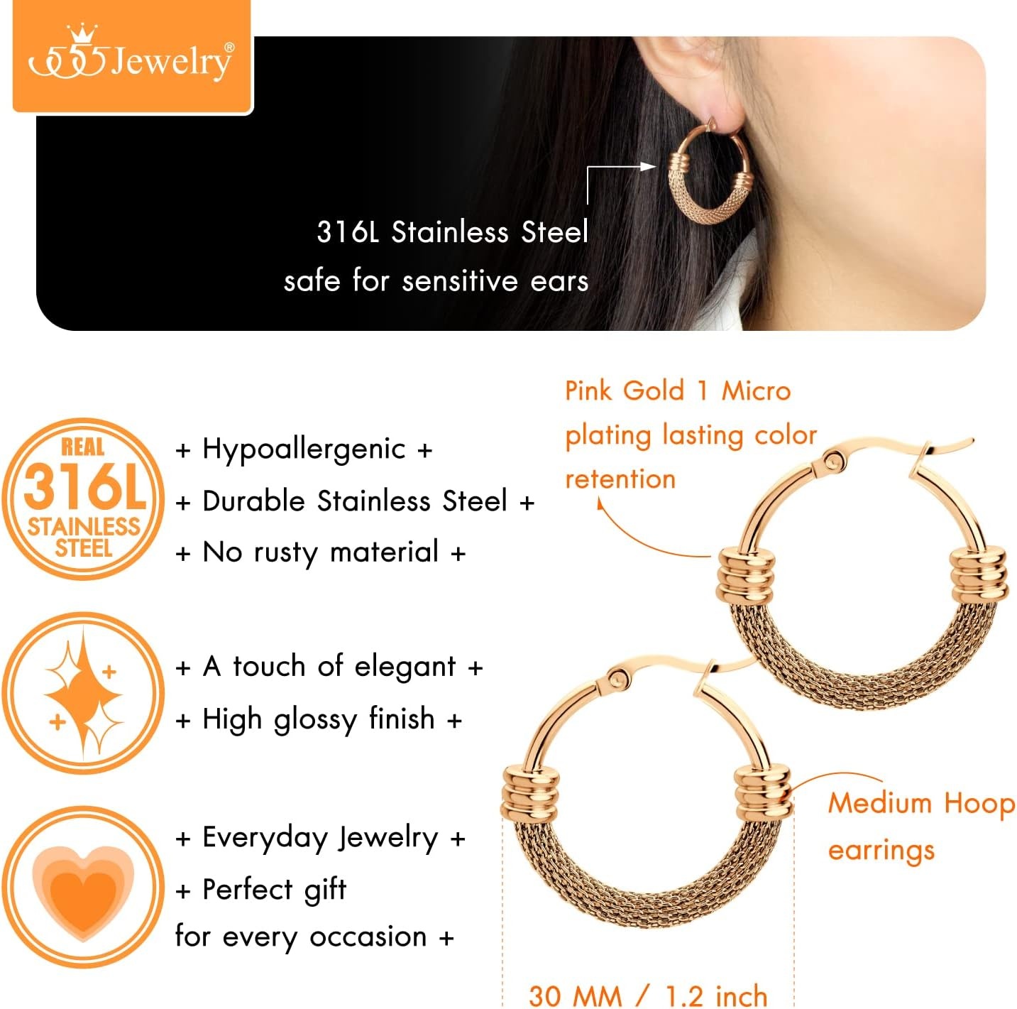 image:image555Jewelry Medium Braided Mesh Stainless Steel Round Hoop Earrings for Women Hypoallergenic Hoops EarringsRose Gold
