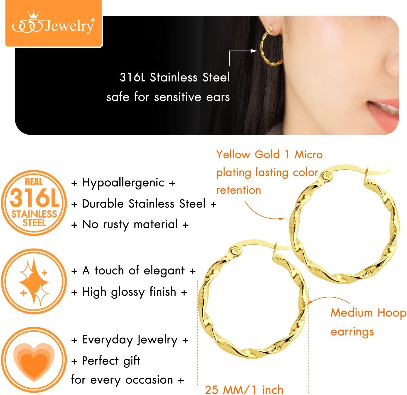 image:image555Jewelry Medium Twisted Wire Round Stainless Steel Hoop Earrings for WomenGold