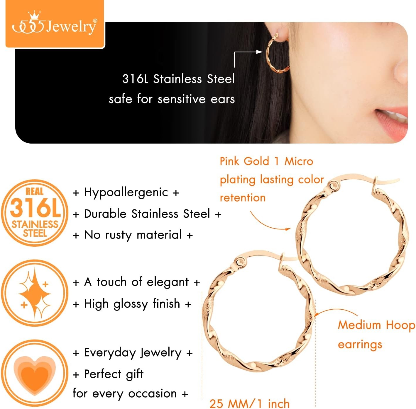 image:image555Jewelry Medium Twisted Wire Round Stainless Steel Hoop Earrings for WomenRose Gold