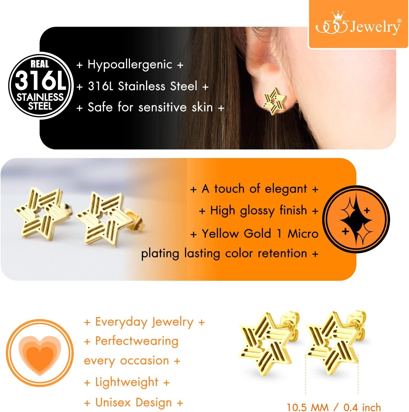 image:image555Jewelry Modern Hypoallergenic Stainless Steel Ribbed Star of David Stud Earrings for WomenGold