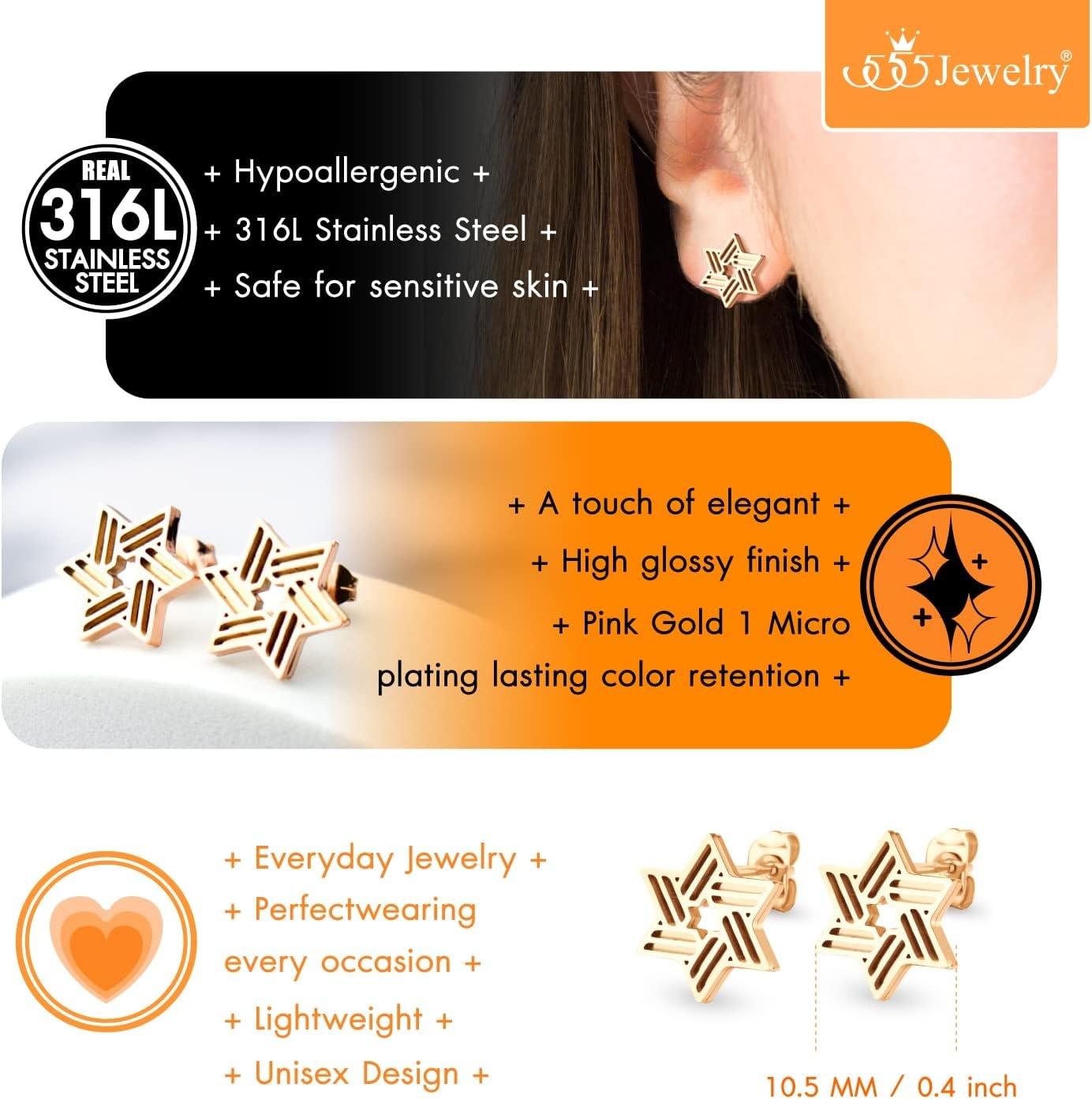 image:image555Jewelry Modern Hypoallergenic Stainless Steel Ribbed Star of David Stud Earrings for WomenRose Gold