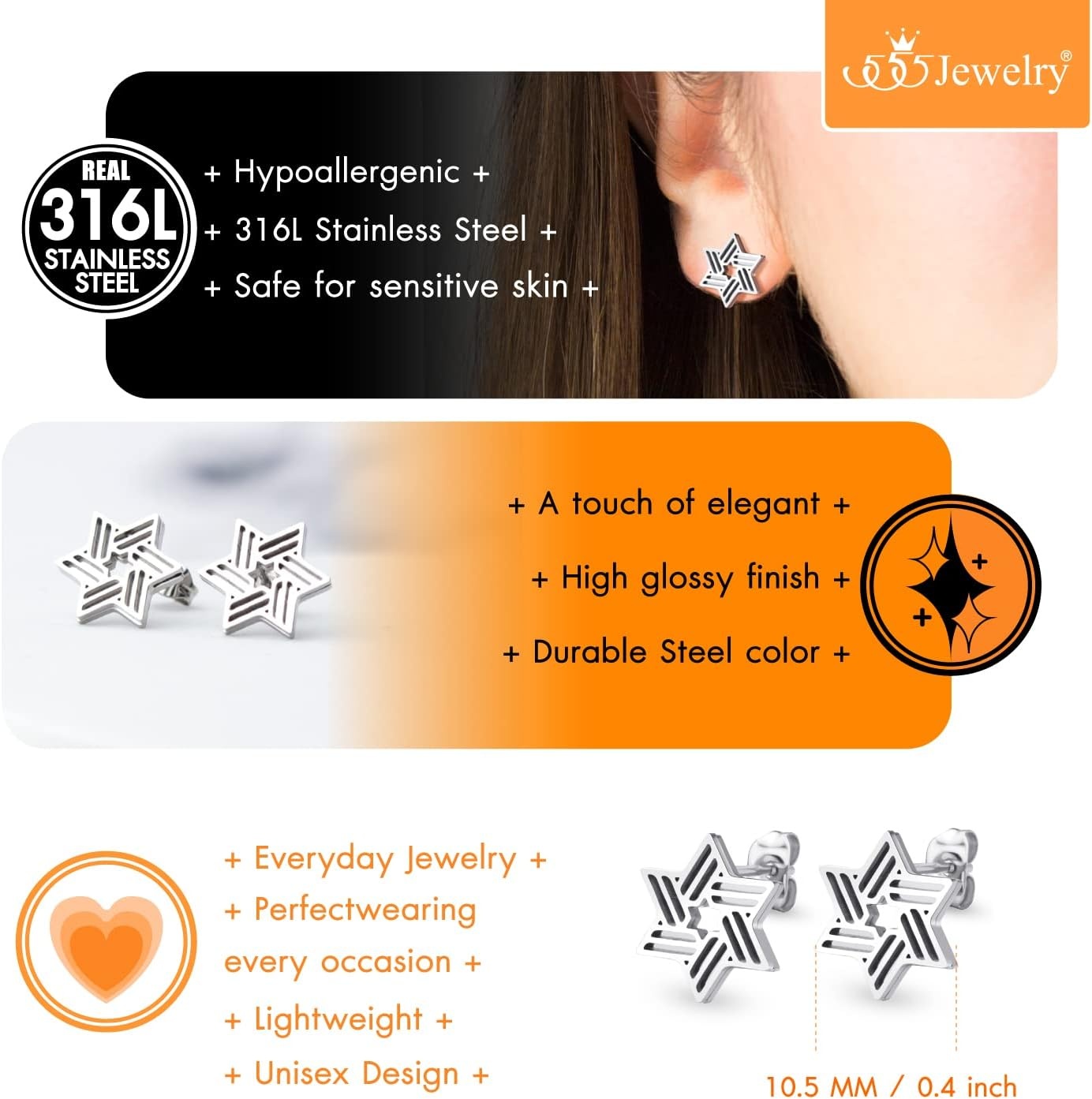 image:image555Jewelry Modern Hypoallergenic Stainless Steel Ribbed Star of David Stud Earrings for WomenSilver