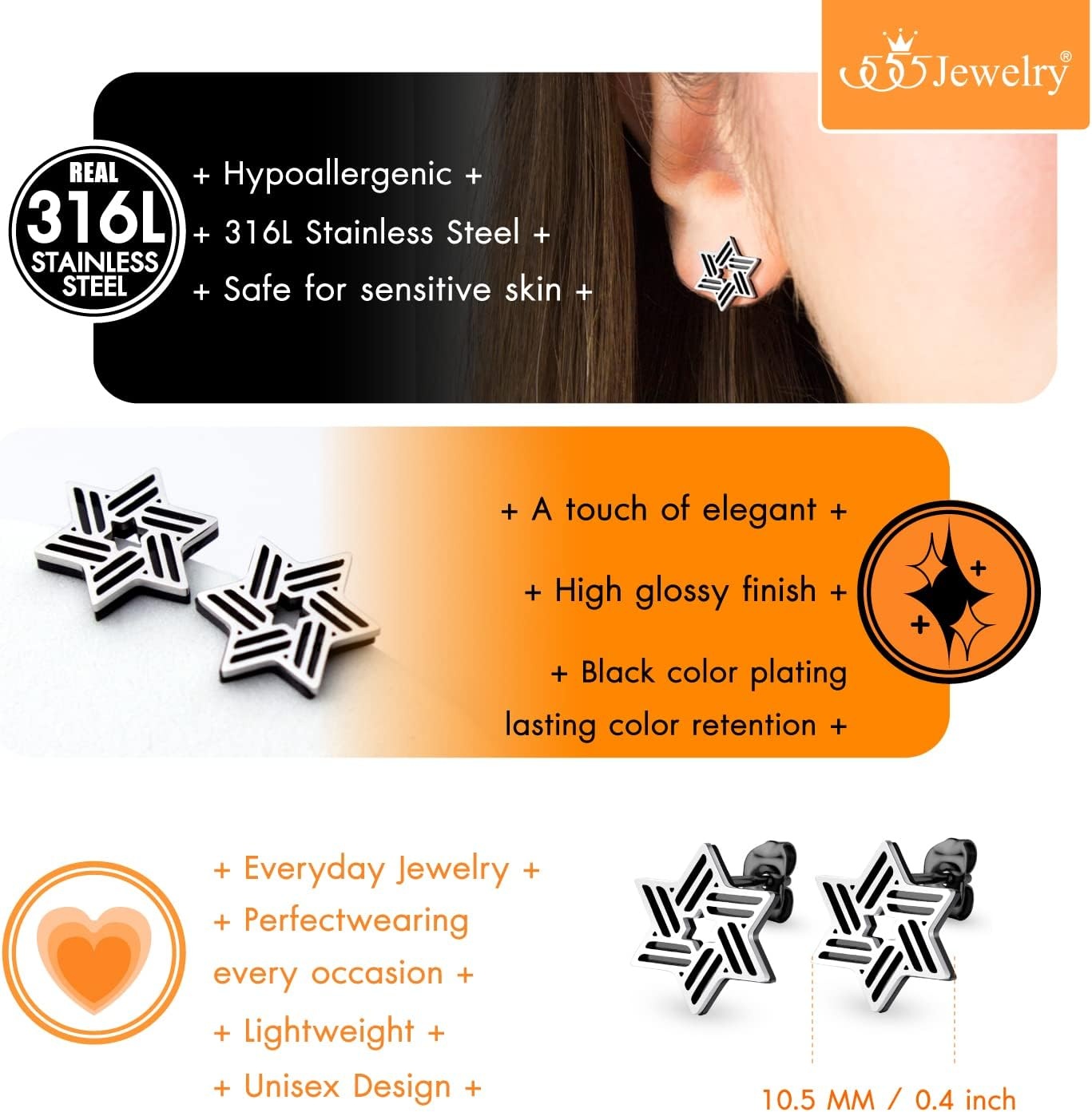 image:image555Jewelry Modern Hypoallergenic Stainless Steel Ribbed Star of David Stud Earrings for WomenSilverBlack