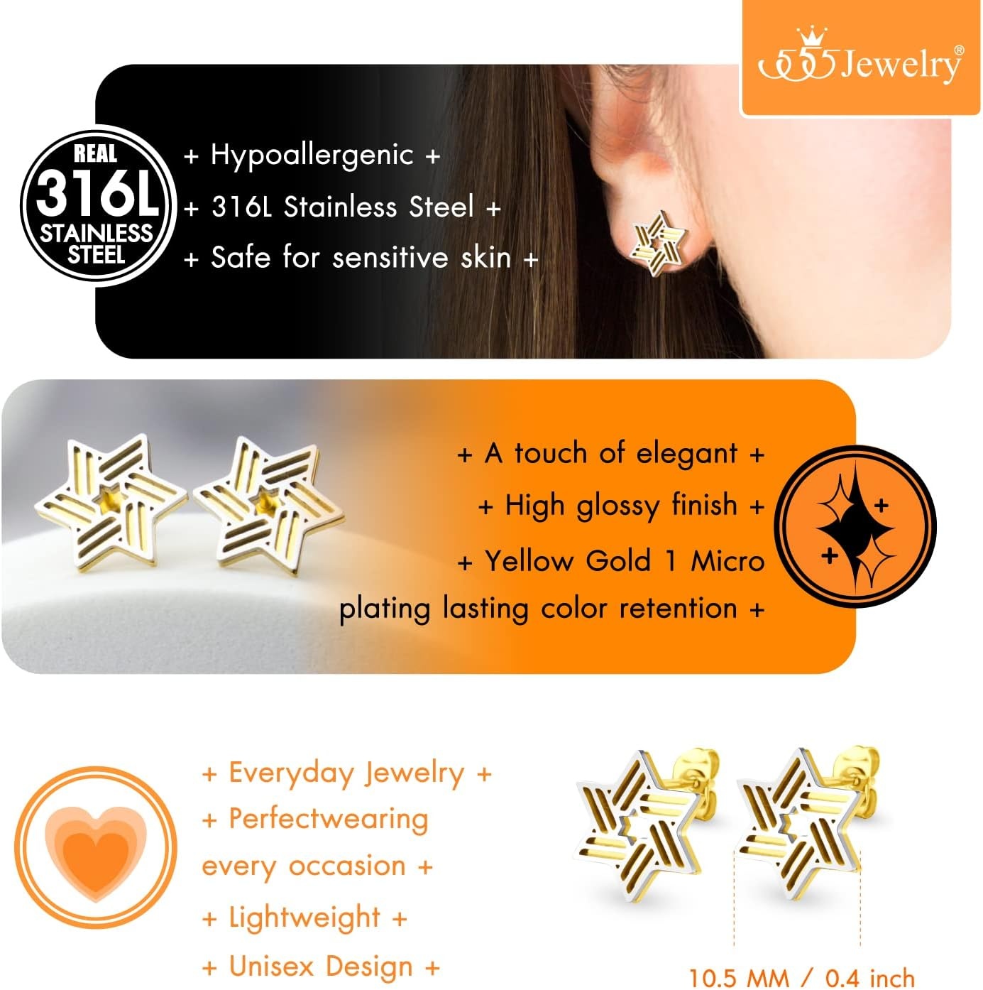 image:image555Jewelry Modern Hypoallergenic Stainless Steel Ribbed Star of David Stud Earrings for WomenSilverGold