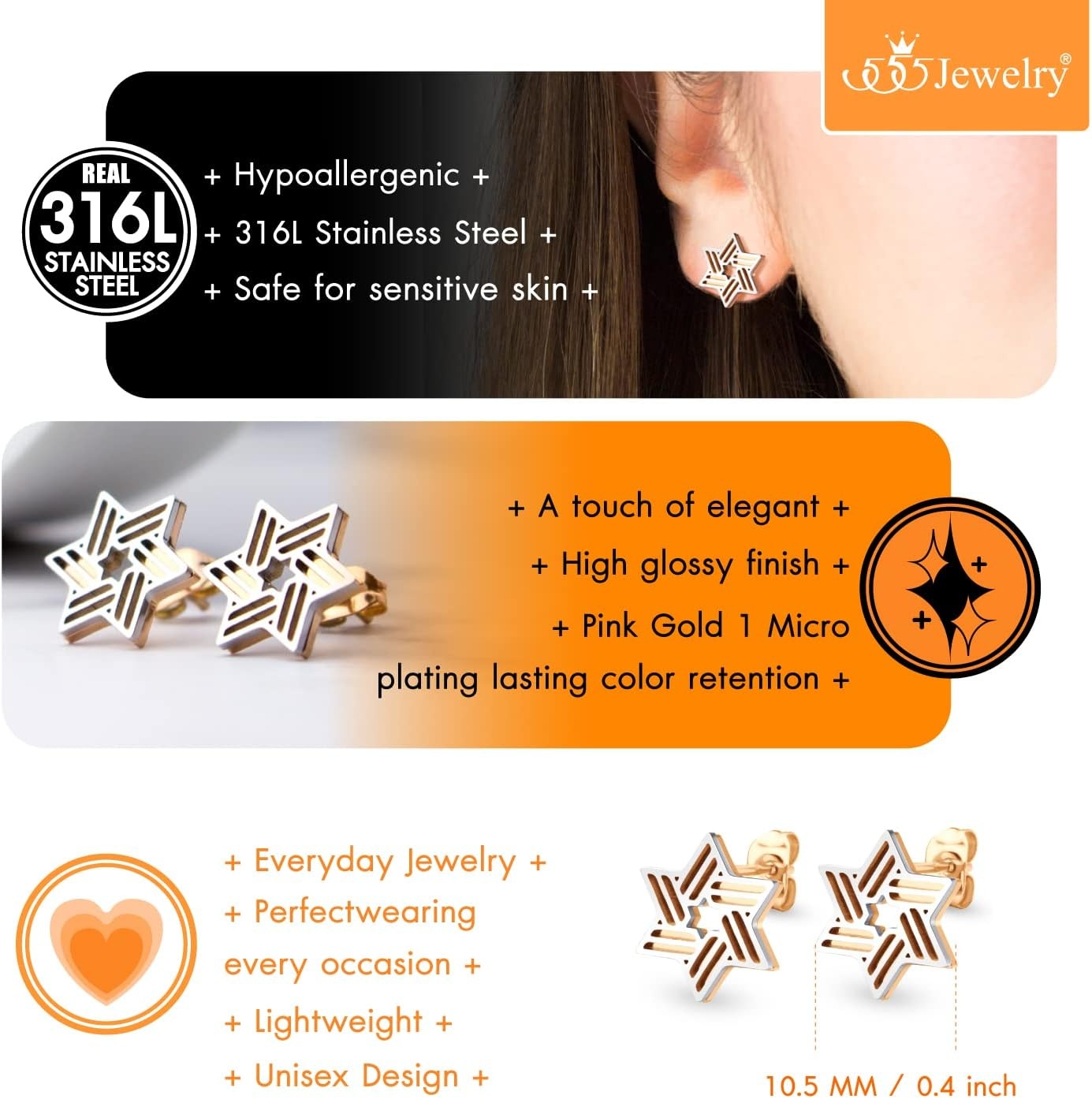 image:image555Jewelry Modern Hypoallergenic Stainless Steel Ribbed Star of David Stud Earrings for WomenSilverRose Gold