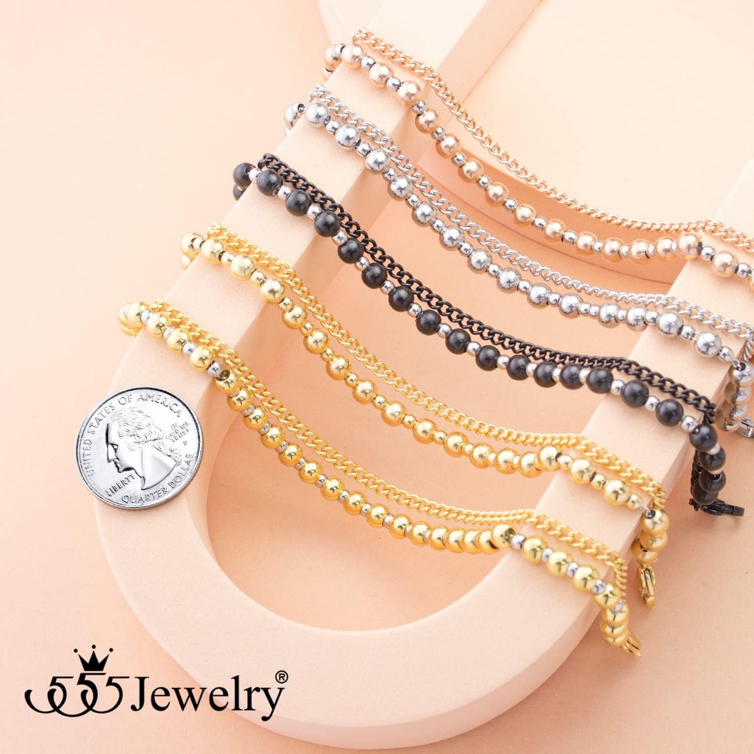 image:image555Jewelry Stainless Steel Ball Bead amp Chain Wrap Bracelet for Women amp Ladies 7 Inch 1 Inch ExtensionBlackSilver