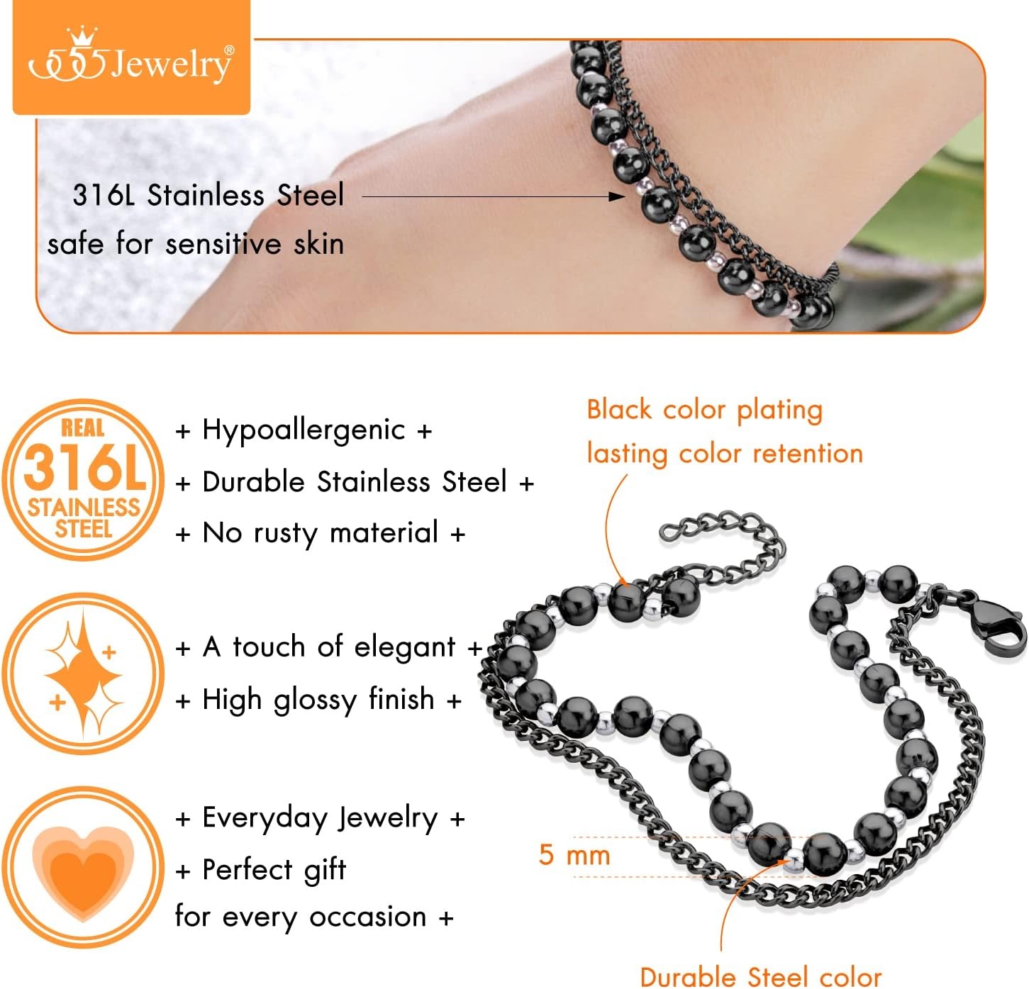 image:image555Jewelry Stainless Steel Ball Bead amp Chain Wrap Bracelet for Women amp Ladies 7 Inch 1 Inch ExtensionBlackSilver