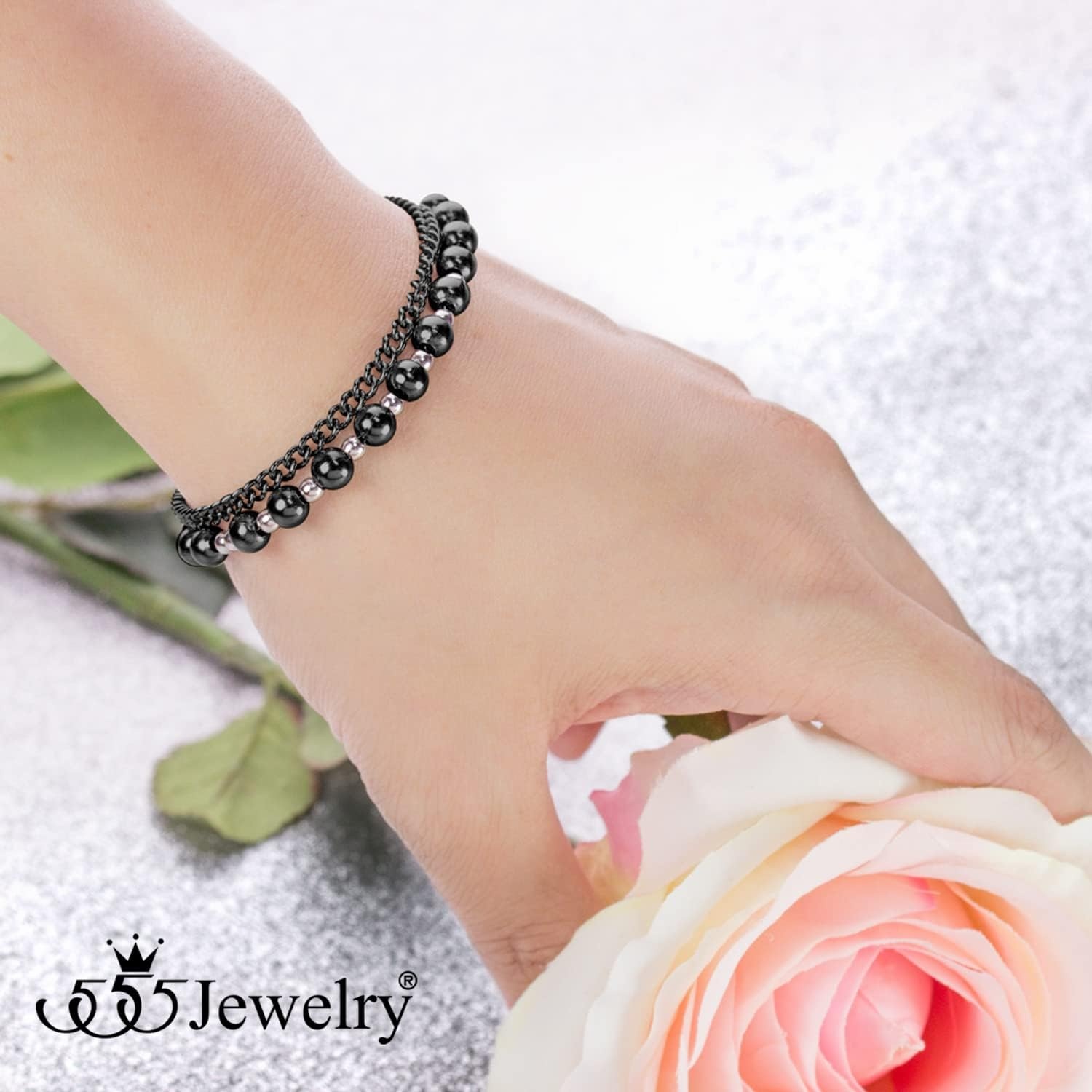 image:image555Jewelry Stainless Steel Ball Bead amp Chain Wrap Bracelet for Women amp Ladies 7 Inch 1 Inch ExtensionBlackSilver