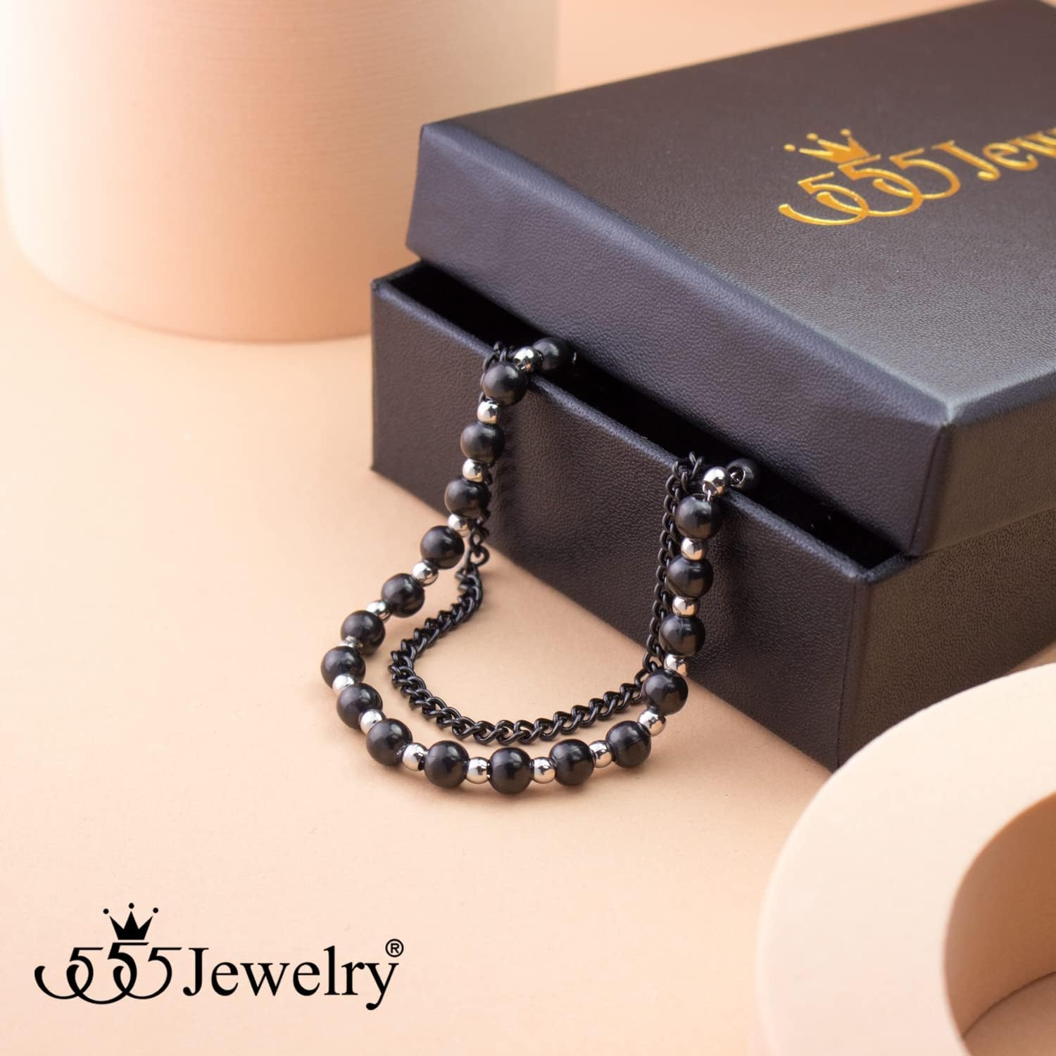 image:image555Jewelry Stainless Steel Ball Bead amp Chain Wrap Bracelet for Women amp Ladies 7 Inch 1 Inch ExtensionBlackSilver