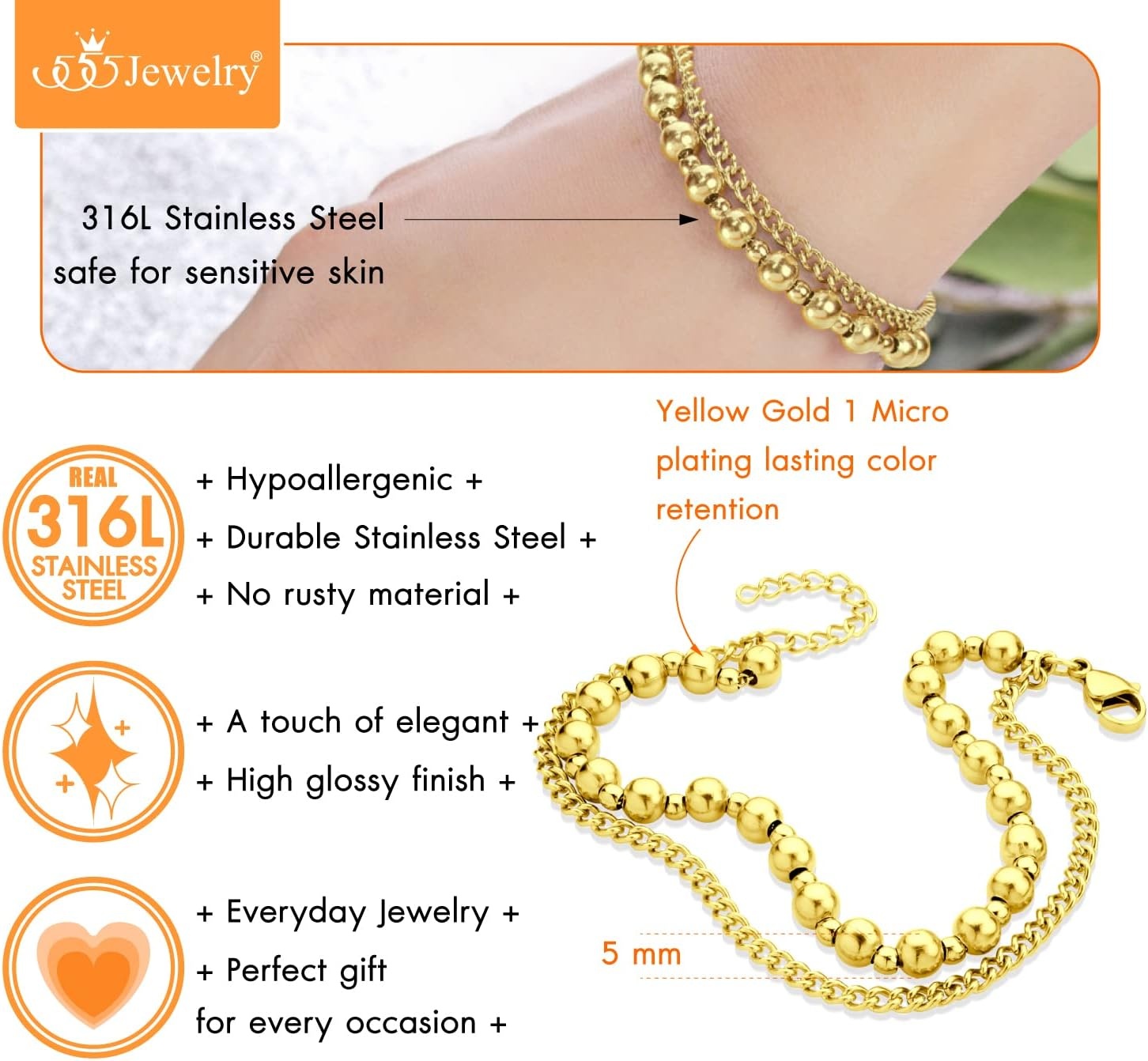 image:image555Jewelry Stainless Steel Ball Bead amp Chain Wrap Bracelet for Women amp Ladies 7 Inch 1 Inch ExtensionGold